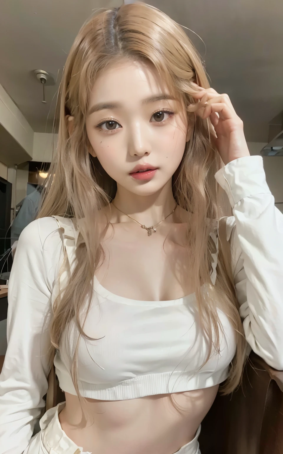 Una mujer con cabello largo y rubio y una blusa blanca posando para una foto, muchacha coreana, gorgeous young mujer coreana, beautiful south mujer coreana, beautiful Asian girl, ulzzang, Asian girl, beautiful young mujer coreana, Jaeyeon Nam, Lalisa Manobal, joven y adorable rostro coreano, mujer coreana, buena chica joven, peinado de corte hime blanco