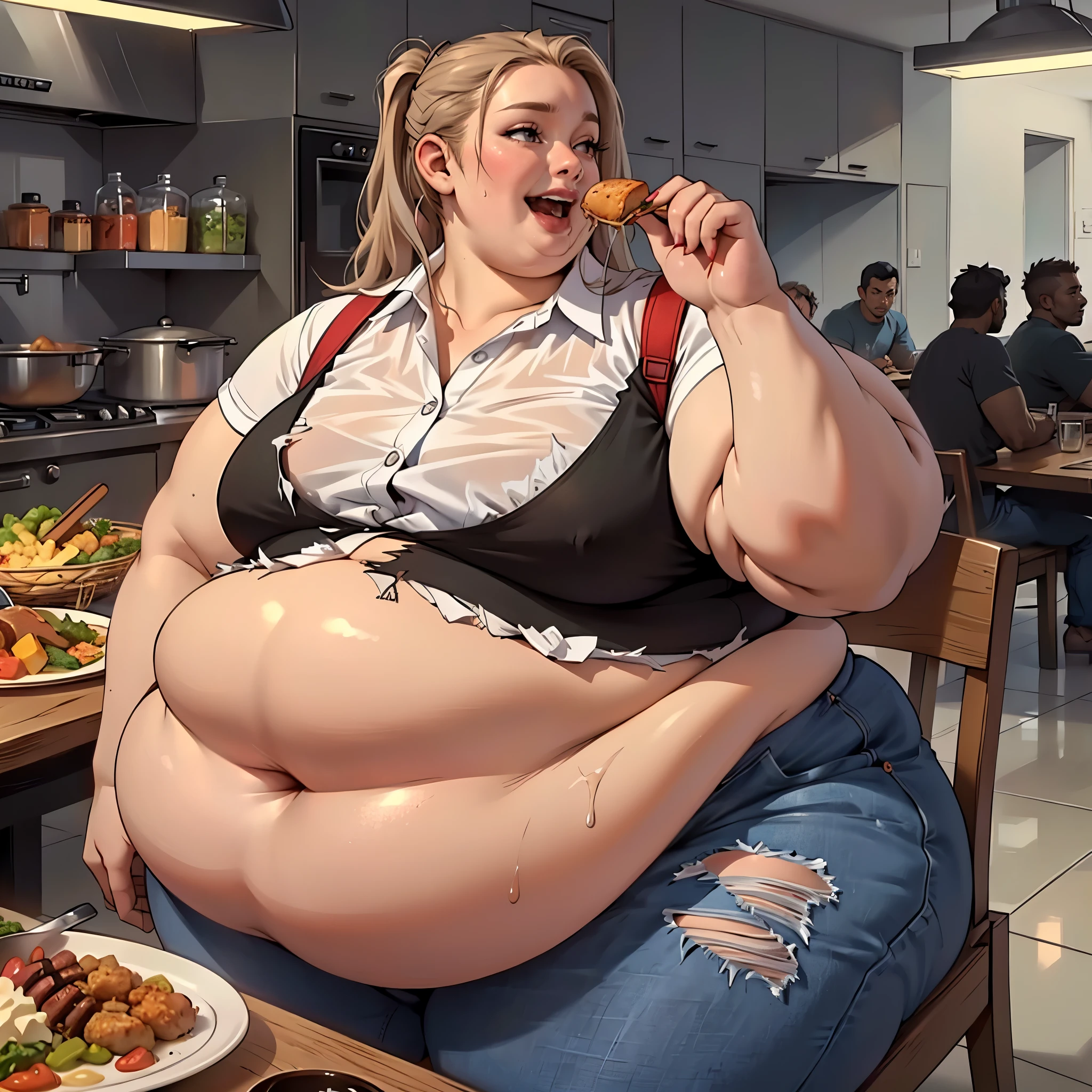 (masterpiece, best quality, highres, detailed, realistic:1.2), young woman, USSBBW, morbidly obese, detailed face, beautiful face, happy expression, (streched clothing), (ripped clothing), canteen, eating food