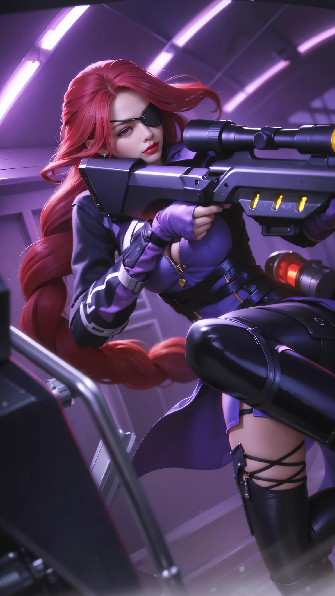 a close up of a woman with a gun in her hand, red long hair, red lips glossy, 8k, ultra hd, ultra detailed texture, hyper realistic, masterpiece, detailed texture, detailed face, detailed skin, detailed lighting, (photorealistic:1.5), best quality, beautiful lighting, cinematic lighting, professional lighting, ultra highres, realistic, detailed hair, real hair, high quality, (realskin:1.5), extremely detailed, finely detail, ultra-detailed, braids, eye patch, left eyepatch,