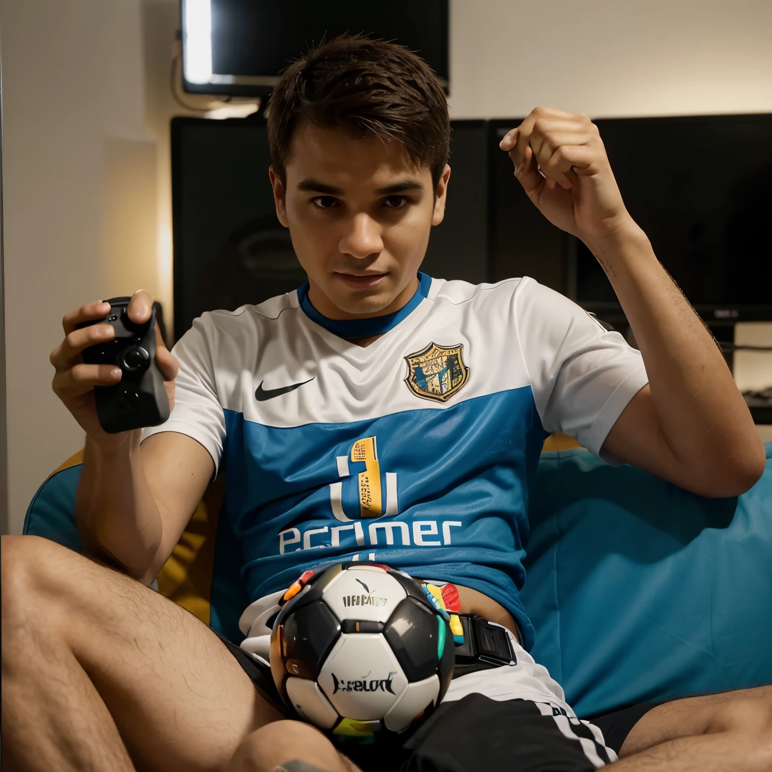 I want the image of a meerkat with a video game controller in his hands like.se estivesse jogando uma partida de futebol, com olhar astuto