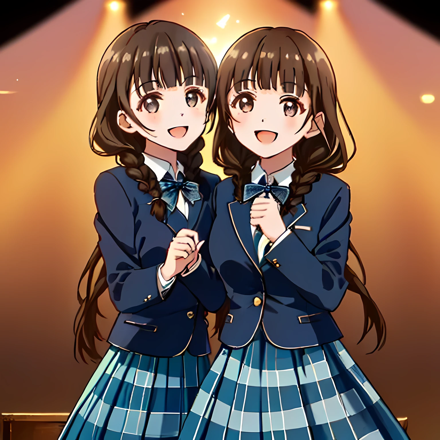 highest quality, (masterpiece:1.2), very detailed, ((Only one girl is singing the chorus on stage)), ((Cute and big black eyes)), (((dark brown hair))), 15 years old, ((dark blue school blazer)), ((very big blue school ribbon)), (((Braid hairstyles))), ((The eyes are very detailed)), ((they are laughing and singing very happily.)), ((((dark blue & Deep navy tartan check middle long skirt)))), The background is an opera house stage with a pipe organ.., blur the background, looking at the viewer, (((((Take a close-up photo of your face ))))),