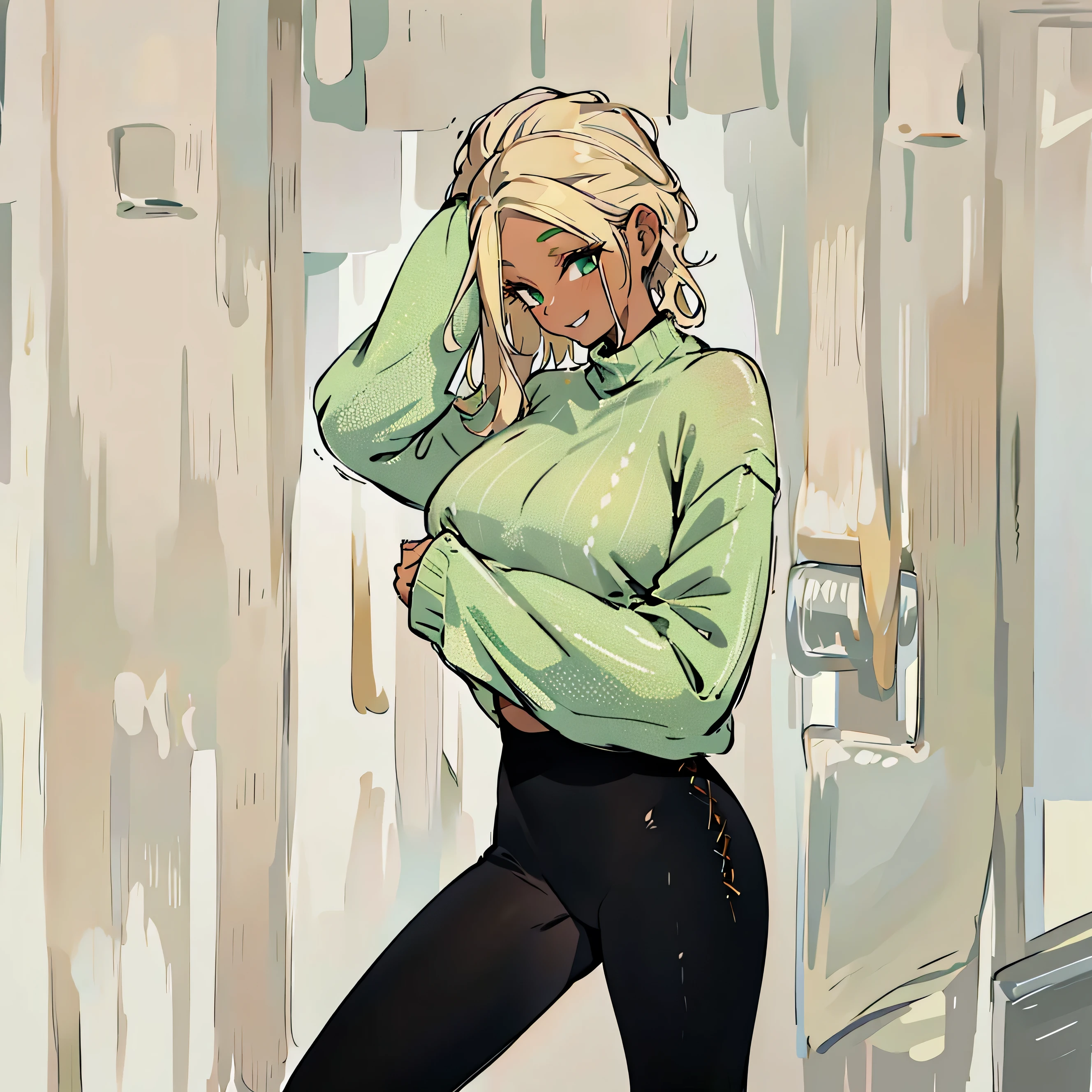 a woman in a green sweater and black pants posing for a picture, designed for cozy aesthetics!, cropped wide sleeve, sexy pose, sexy woman, smilling, blonde, dark studio, dark skin