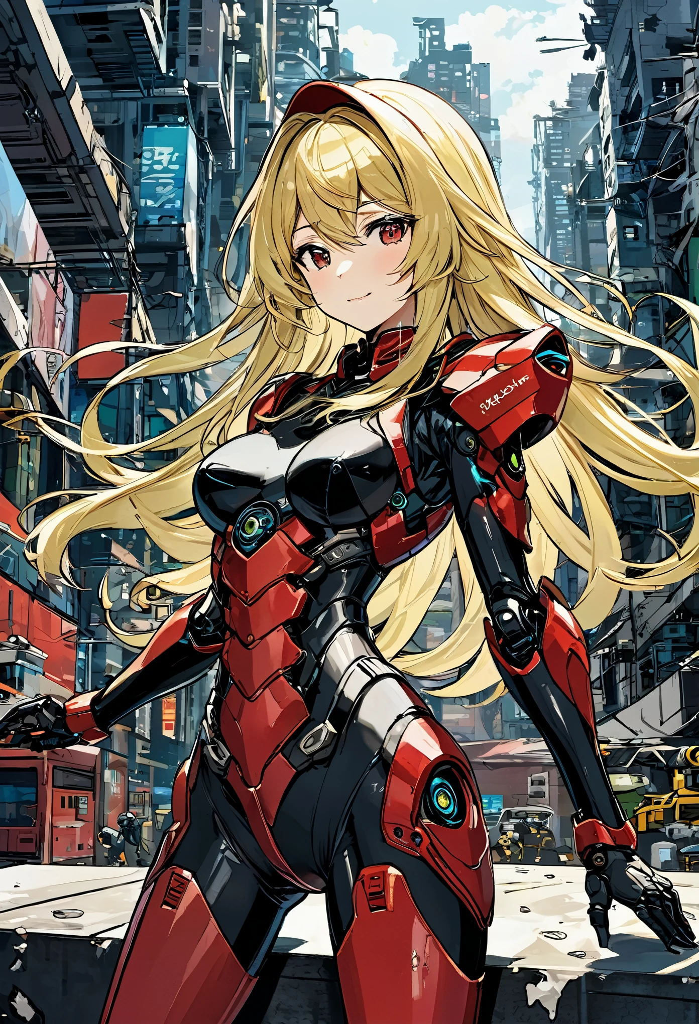 \(style\): { (flat color:1.3), (rich and colorful:1.3), (masterpiece:1.2, best quality), Science fiction }, \(work\): { no humans, from above, extreme_close up, face_viewer, front_view, medium shot }, \(hair\): {Very long blonde hair, curls }, \(appearance\): { Mature, 细long, fit, small_breast, flat_Chest, green_Eye, helmet }, \(clothing\): { [(Mecha:1.2):], Black_bodysuit, Red_armor, }, \(Behavior\): { looking at viewer, crazy smile }, \(Place\): {( multicoloRed background, Red background )},(Very_long_leg:0.5), (Destroyed city background:1.6),