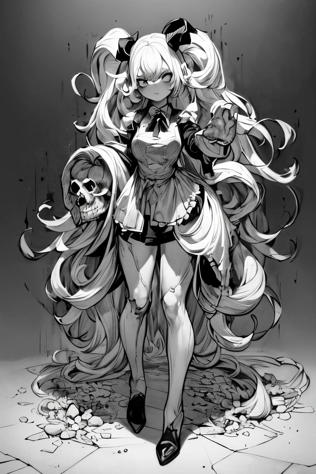 monochrome, black and white,((line drawing)),(((no gray))),(((line art)) (Best quality, Masterpiece: 1.2), (Monochrome: 1.4, Ultra detailed), Masterpiece , (full body horror pretty girl), horror woman torn clothes, with a skull in her hand, horror demons (white background)