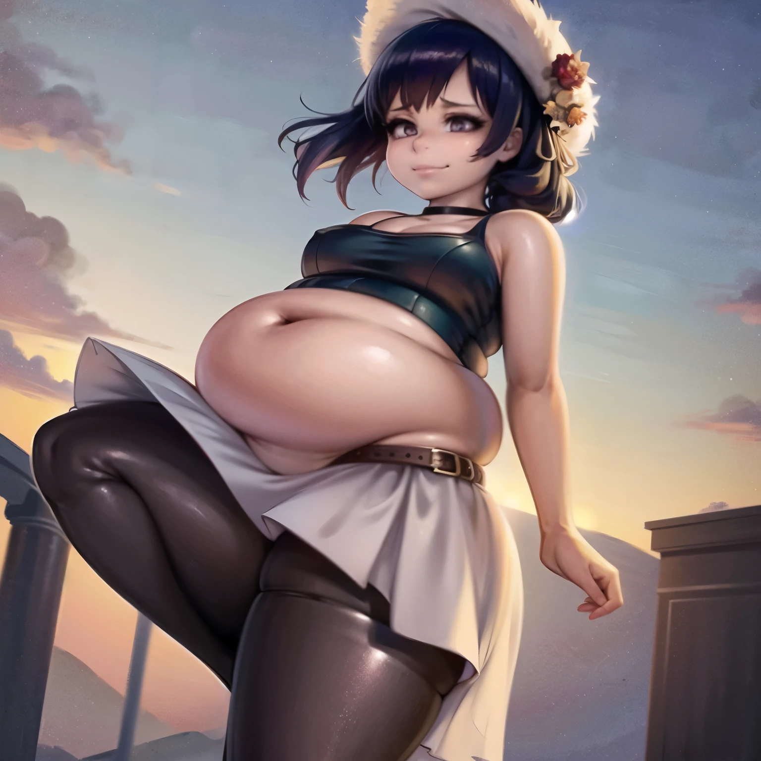 Masterpiece, high quality, best quality, beautiful, HD, perfect lighting, detailed face, detailed body, ((1girl)), ((solo)), medieval fantasy, fantasy village, long black hair, (fluffy hair), flowing hair, purple eyes, confitent smile, closed eyes, smug, ((short black dress)), thigh highs, choker, belt across hip, witches hat, ((small breasts)), cleavage, perky breasts, she is bottom-heavy, ((((wide hips)))), (((((thick thighs))))), ((chubby)), (tummy bulge), belly bulge over belt, small cabin, woods, inside, night time, dress is tight around the belly area, she has gained weight, (((large belly))), anime