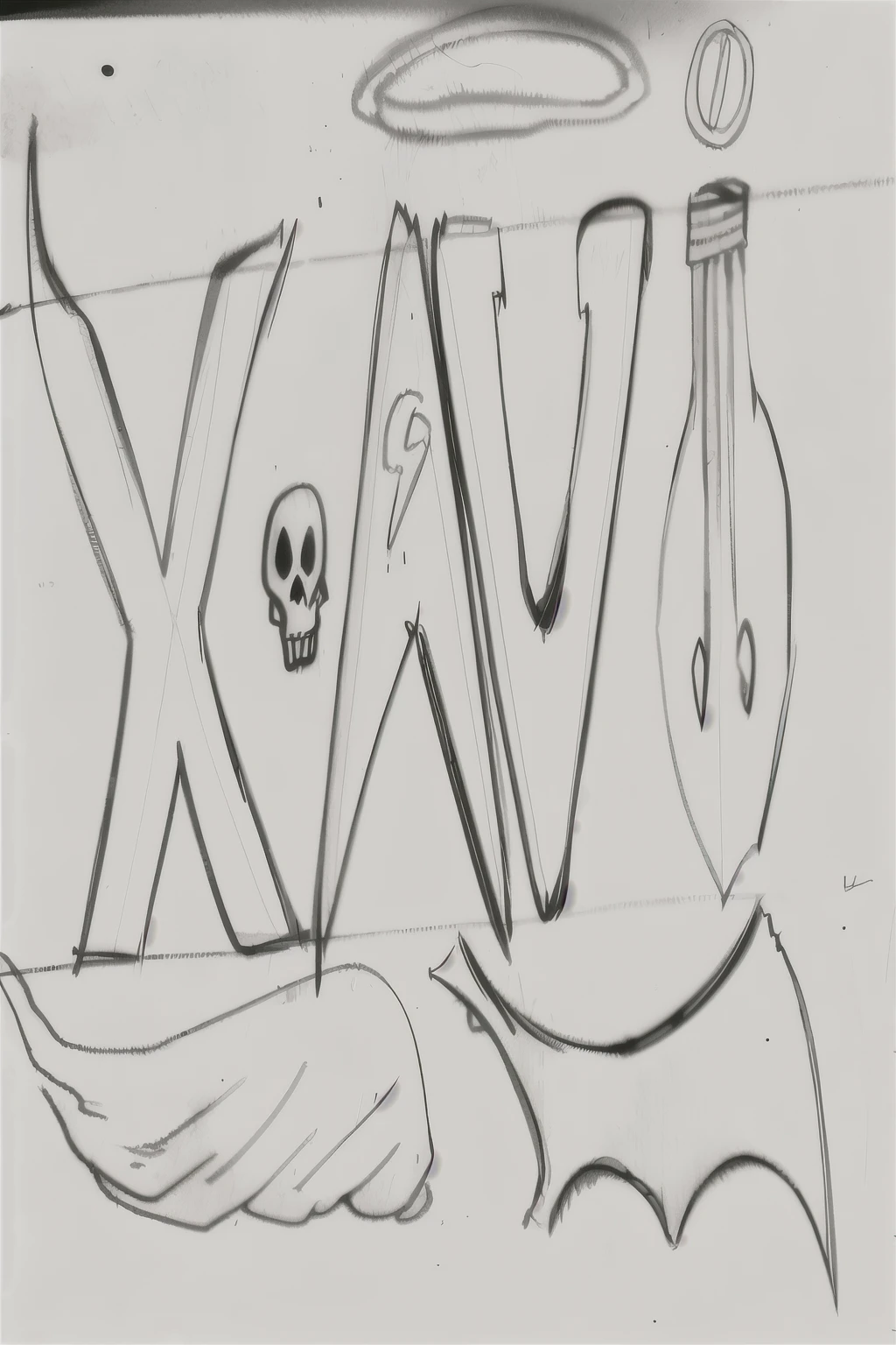un dibujo de una calavera y un cuchillo con una calavera, garabatear, inspirado en Irvin bomba, inspired by Kawabata Ryūshi, letras de graffiti, inspirado en Ker-Xavier Roussel, detallado pero tosco, sketchy art style, por Kevin A.. Corto, boceto, inspired por Kevin A.. Corto, inspirado en Kazys Varnelis
