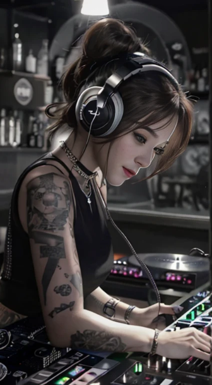 best qualtiy,tmasterpiece,ultra high resolution,(fidelity:1.4),(B&W:1.3),professinal,photography of,1个Giant Breast Girl,Dee bar,Girl wearing headphones,DJ in the bar,Upper body,A female DJ,Look at the crowd,DJ, DJ booth,DJ Player,stage lighting,(buzz cut:1.1),(Tattooed with:1.1),cheerfulness,dyna,Gucci, Versace,cruel,choker necklace,Vistas
