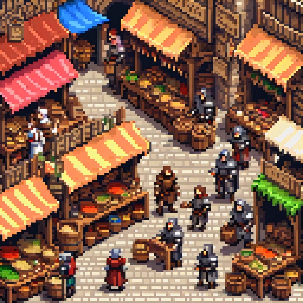 Pixel Art, Pixel art scene of a bustling medieval market, vibrant stalls, lively characters, realistic textures, attention to detail in every pixel, reminiscent of classic 16-bit RPG games, taken with a Nikon D3, Focal length 35mm HD 2D Pixel Art :: Pixel style :: Pixels