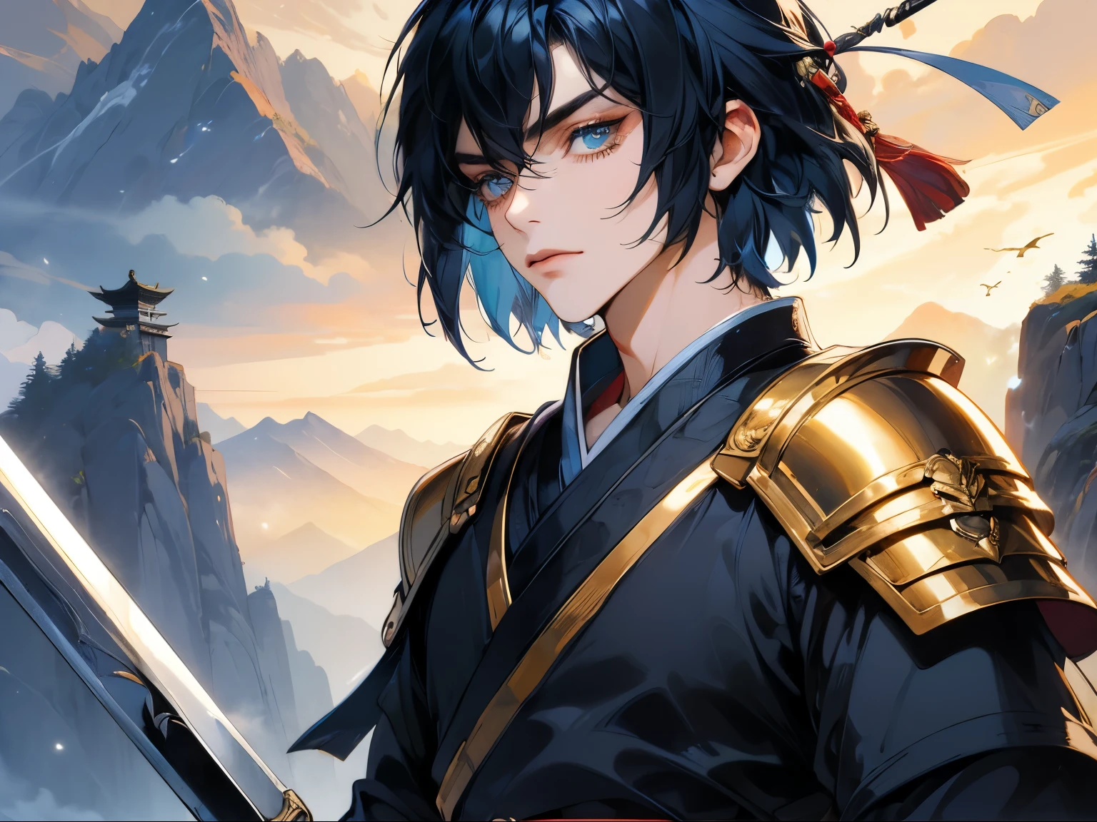 Quality : (((masterpiece))),best quality,illustaion,((handsome and cool anime face)),(hansome detailed man),(((beautiful detailed eyes))),
Position : Camera angle setup Medium shot ,Focus Character Center
 Character : (Male)Man handsome, cold face, short hair ((black hair)), ((blue hair)) Outfit: Wear warrior armor. Dark black, traditional Chinese style, with a dark streak and gold-plated edges.
 Right hand: holds a long sword with a black, gold-plated handle in a golden sword scabbard. 
Background : The character stands at the top of a high mountain range at the foot of a cliff. There is a soft sunset. Bone bird flies through the clouds.