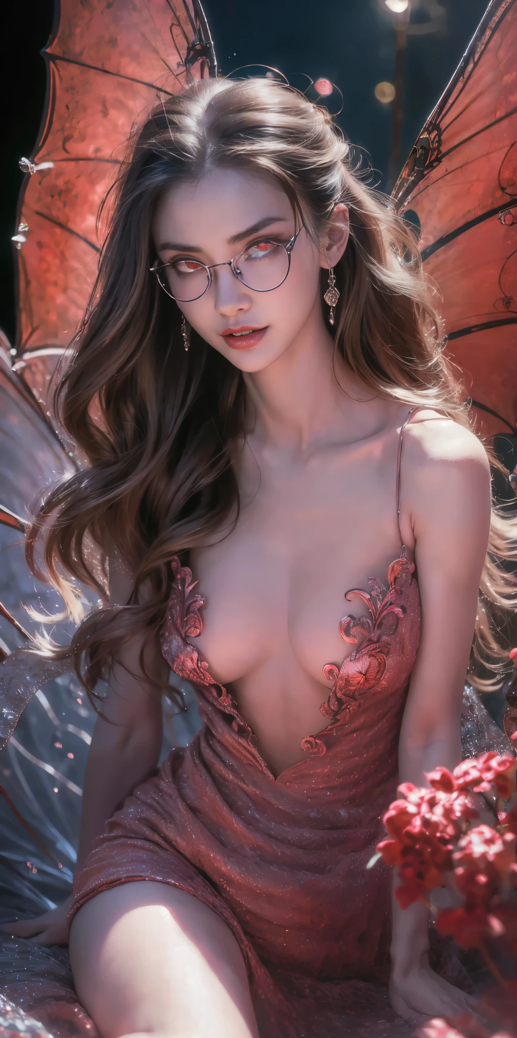 (The best illustrations)、realisitic、ultra-detailliert、The best lighting、Best Shadows、alluring succubus, ethereal beauty, perched on a cloud, (fantasy illustration:1.3), enchanting gaze, captivating pose, delicate wings, otherworldly charm, mystical sky, (Luis Royo:1.2), (Yoshitaka Amano:1.1), Dungeon and Dragon、caves、Dungeon、 A Necromancer、natta、Dark style、Succubus、Devil's Daughter、Bat Wings，(((Demon Hornlack-rimmed round glasses))))、(red eyes glowing:1.6)、​beautiful countenance、Tindall Effect、(High Detail Skins:1.2) absurderes、Ponytail distortion、jewely、Beautiful expression、Toned waist、Wide buttocks、Tindall Effectmasuter piece、top-quality、Highest Standards、Top image quality、masutepiece、intricate detailes、High resolution、Depth Field、natural soft light、profetional lighting、Great smile、(High Detail Skin: 1.2)、photorealistic anime girl render、Strong highlights of the eyes、Perfect Anatomy、crotch open、Shy、Spreading your legs、Panties are visible、Skirt flipping、Body shiny with oilerectile nipple))、8K resolution、intricate clothing、Intricate details, Sexy girl on white bed，Charming eyes，Heartwarming action，Open legs，Transparent silk pajamas ，barechested，Thick long hair，Highly detailed body，Highly detailed face