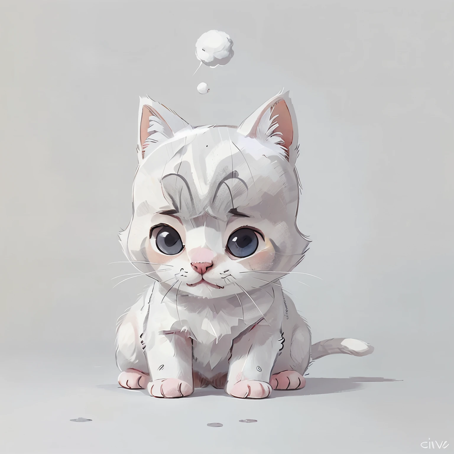 Draw a cartoon of a white baby cat and a gray spot on its right eye 