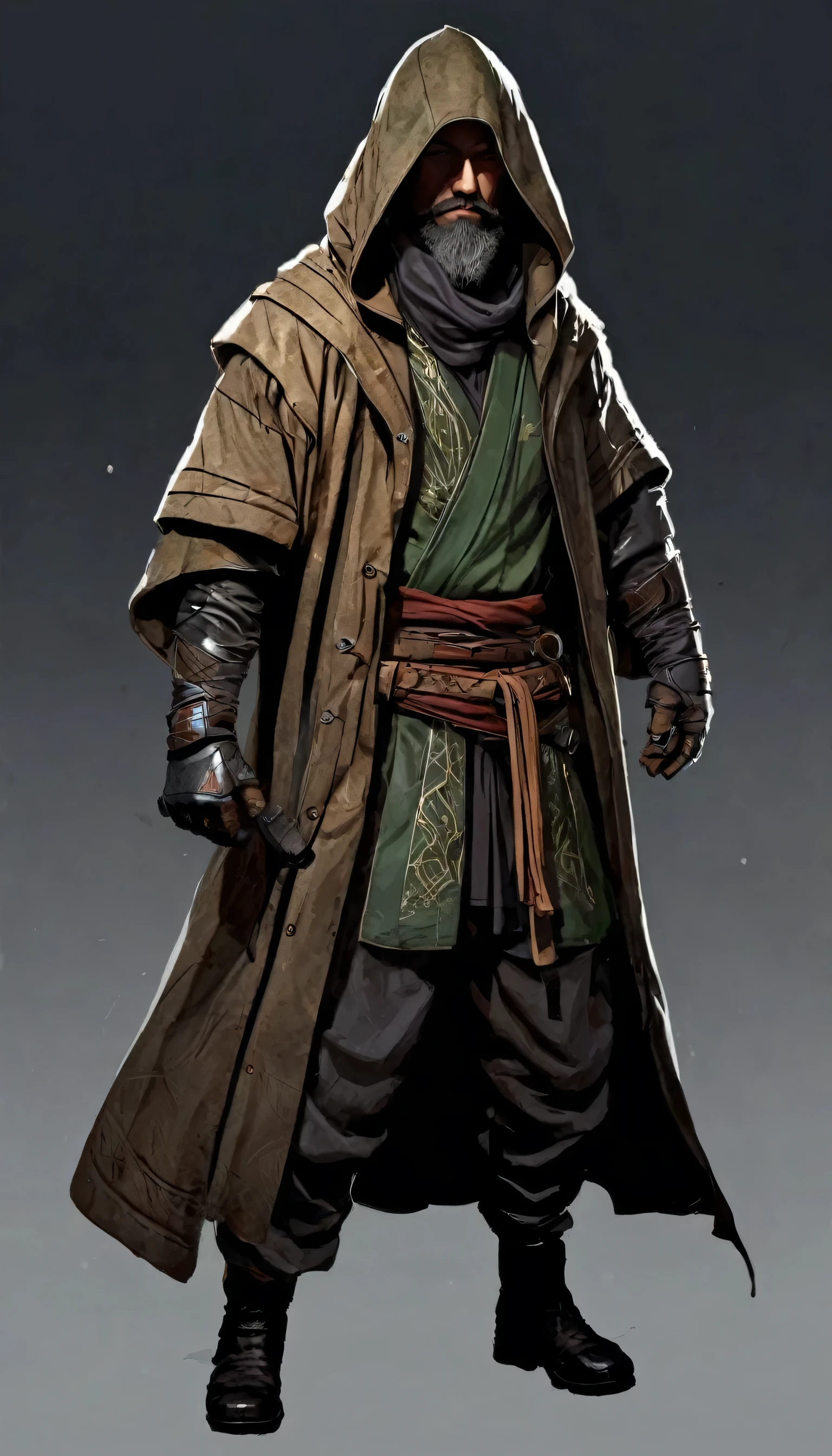 :: ((masterpiece)) :: (((Best quality))),(character design sheet, same character, front, Side, back) :: portrait in profile, fantasy, ((Middle Ages, maintaining the correct color rendering in the Scandinavian style.)), ninja :: Adult man 39-41 years old., bald, Medium beard, ((Nordic type)), high, Trained physique, cold-blooded character :: ((dressed in an old jacket over a worn robe with a hood, special trousers, homemade bracers)) :: hand drawn, dark, sandy, realistic sketch, sketch, mix of bold dark lines and loose lines, thick lines, on paper, turn character sheet:: Background in the form of shimmering cold flowers :: (outline style:1.1), (Reflected light:1.2), (Cell shading:1.2), use of large lines, difficult, (Anxious:1.1) ::