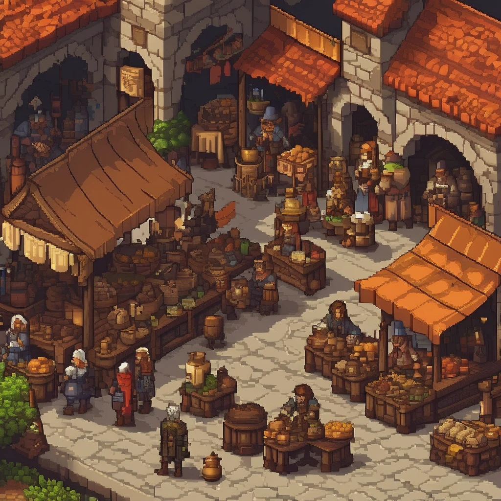Pixel Art, Pixel art scene of a bustling medieval market, vibrant stalls, lively characters, realistic textures, attention to detail in every pixel, reminiscent of classic 16-bit RPG games, taken with a Nikon D3, Focal length 35mm HD 2D Pixel Art :: Pixel style :: Pixels
