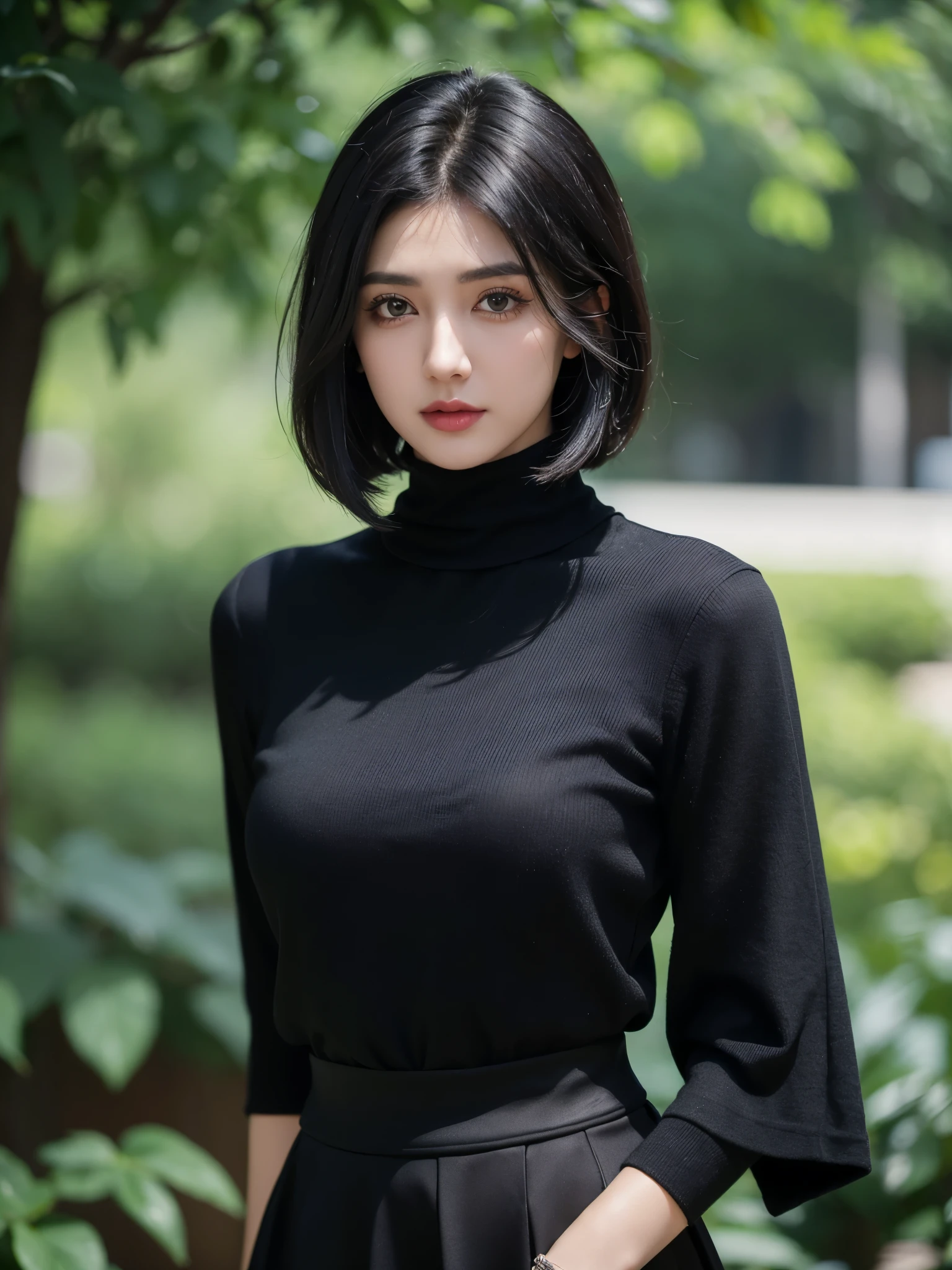 Ultra-HD-details, detailed eyes, black bob hair, upper body, outdoor, nature, skirt, Shirt, black turtleneck, (three-quarter body portrait photo), Golsifteh Farahani, Iranian girl