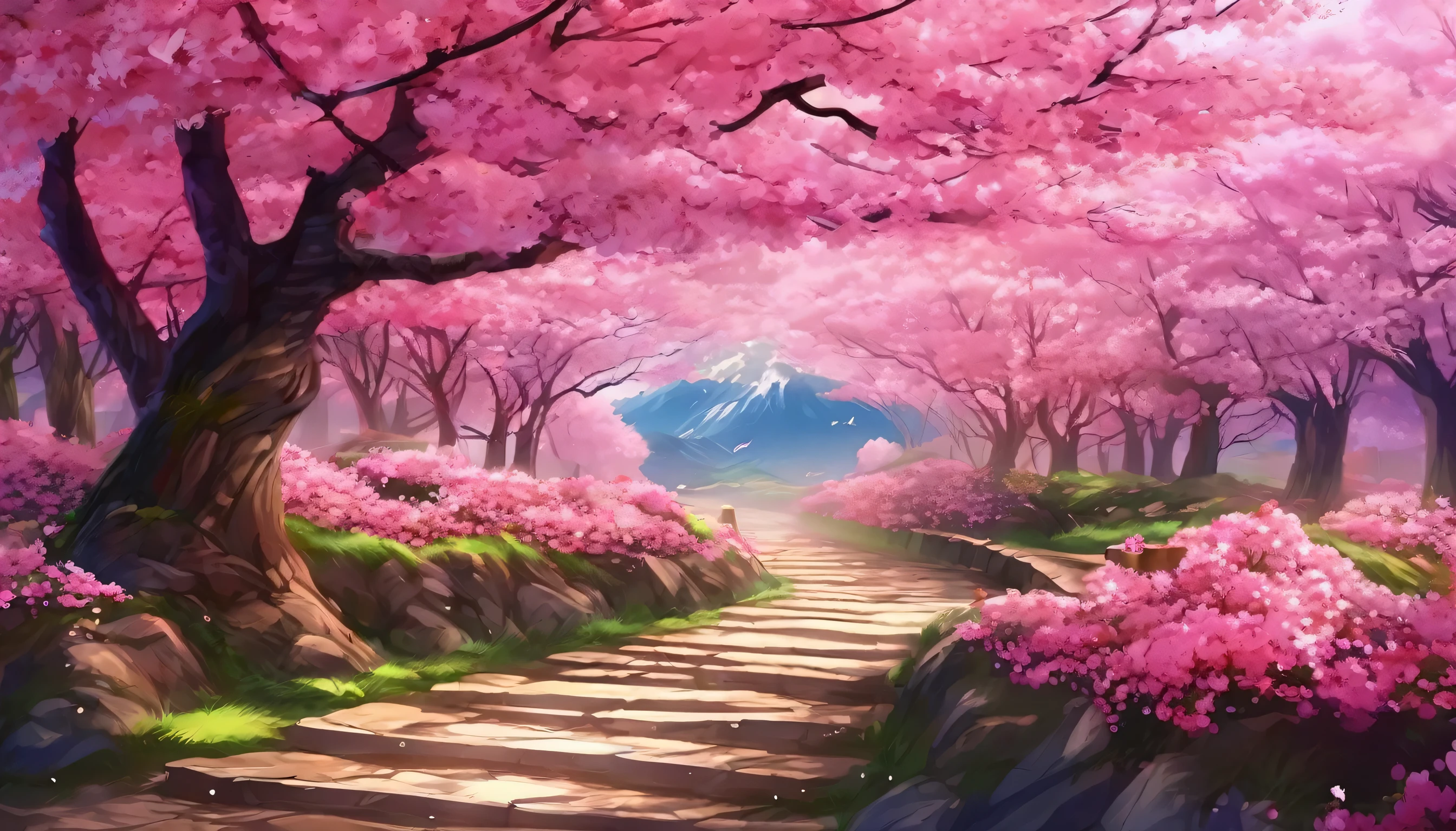 there is a path that has a lot of pink flowers on it, cherry blossom forest, blossoming path to heaven, beatiful backgrounds, cherry blossom trees, beautiful nature, beautiful iphone wallpaper, lush sakura trees, pink forest, anime nature, sakura trees, really beautiful nature, magical landscape, very beautiful scenery, nature scenery, anime beautiful peace scene, nature wallpaper