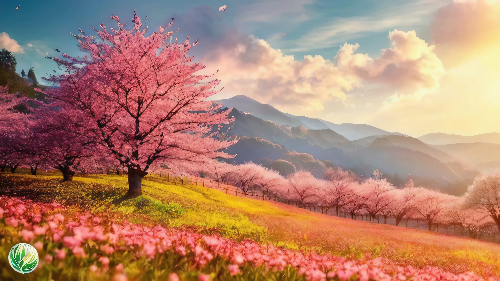 a close up of a field with trees and flowers in the foreground, beatiful backgrounds, very beautiful scenery, hd wallpaper, cherry blossom forest, scenic colorful environment, nature wallpaper, very very beautiful scenery, cherry blossom trees, beautiful wallpaper, really beautiful nature, scenery wallpaper, cherry-blossom-tree, nature scenery, very very very beautiful scenery, a beautiful landscape