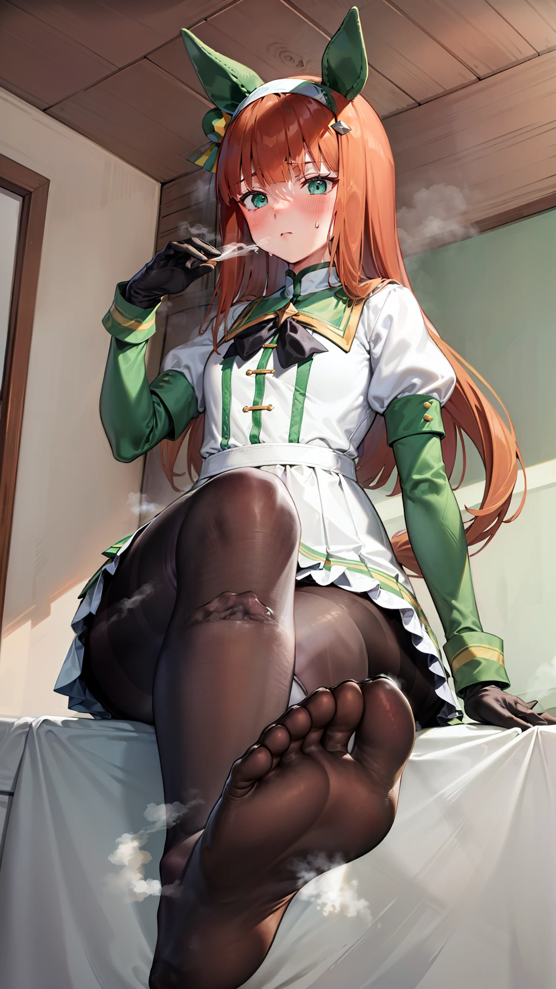 silencesuzuka, green eyes, horse tail ear covers, puffy sleeves, short over long sleeves, black gloves, white skirt,blush,sitting on bed,((from below)),legs focus,((black pantyhose)),feet,feet focus,legs focus,((five toes)),2legs,2feet,killer legs, sweating,steam,stretch out your feet,