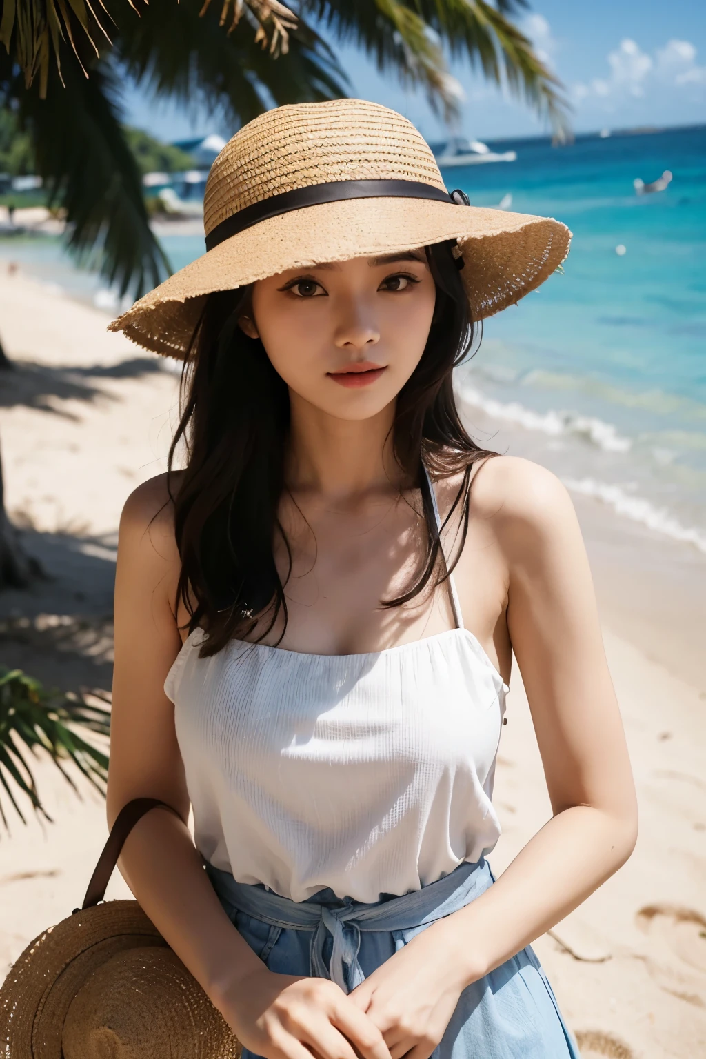 there is a woman wearing a hat and sunglasses on the beach, with hat, with straw hat, nivanh chanthara, mai anh tran, she is wearing a hat, wearing a travel hat, wearing a cute hat, south east asian with round face, wearing hat, wearing straw hat, 21 years old woman, 21 years old woman
