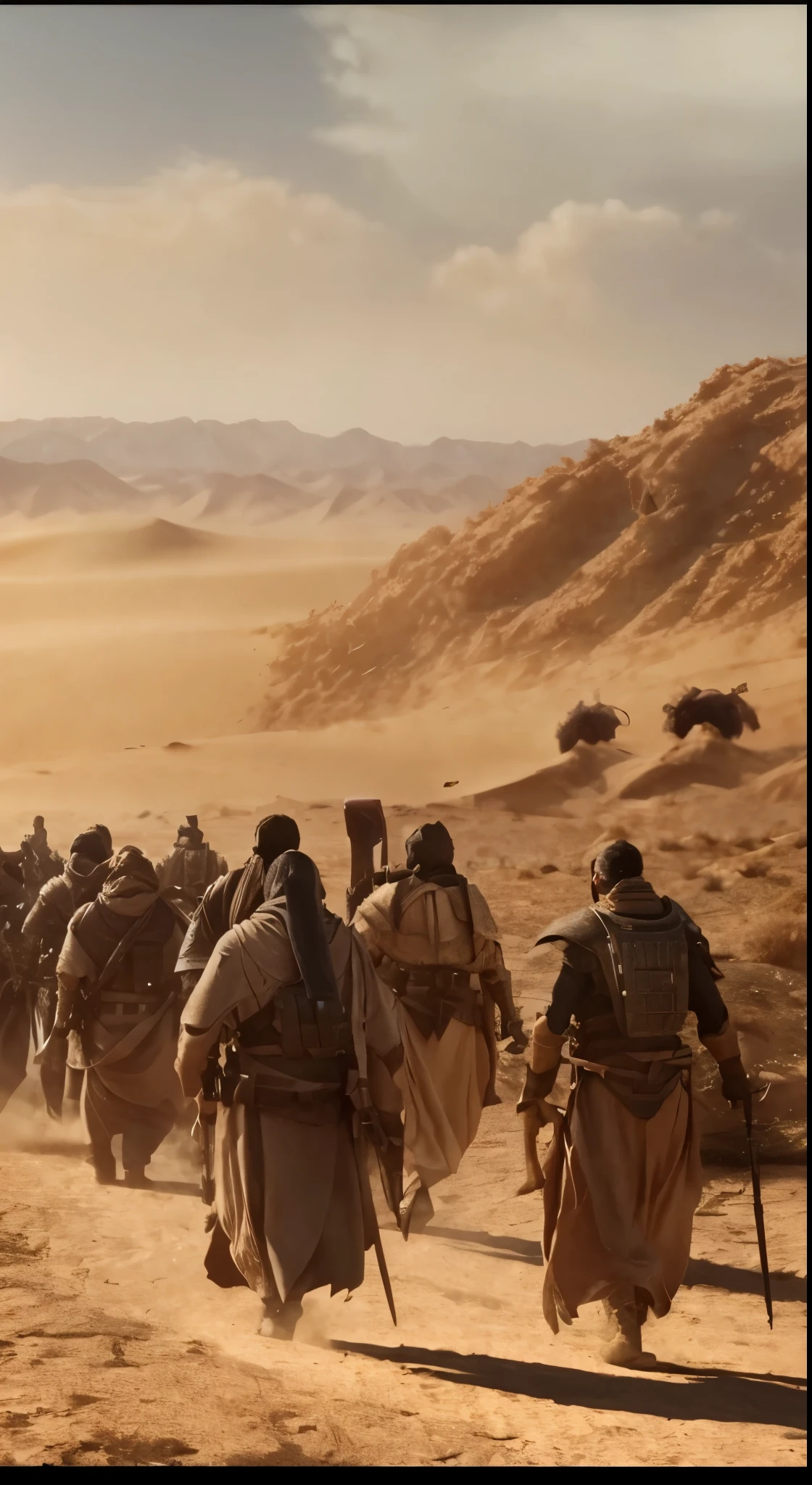 arafed group of men walking in the desert with a bird flying overhead, scene from dune 2 0 2 1 movie, epic sandstorm battle, in the 2 0 2 1 movie dune, aliens arriving dune, film still from dune 2020, invading kashyyyk, stargate standing in desert, desert game, somewhere in sands of the desert