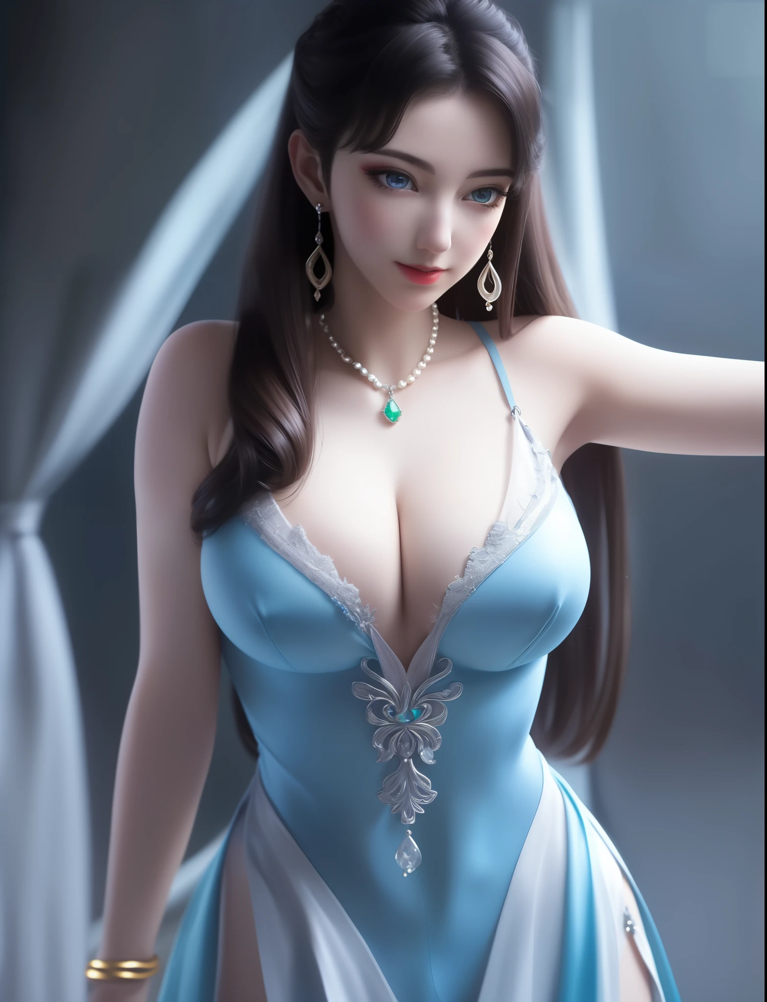 jewelry, diamond, gold, pearl, gem, sapphire, ruby, emerald, intricate detail, delicate pattern, charming, alluring, seductive, erotic, enchanting, hair ornament, necklace, earrings, bracelet, armlet, (hyperrealistic), (illustration), (high resolution), (8K), (extremely detailed), (best illustration), (beautiful detailed eyes), (best quality), (ultra-detailed), (masterpiece), (wallpaper), (photorealistic), (natural light), (detailed face), (high detailed realistic skin texture), (anatomically correct), (solo:1.51), (1girl:1.52), (high detailed realistic hair), (caramel hair:1.35), (heterochromic eyes), (detailed eyes), (blue eyes:1.37), (sparkling eyes), (realistic big breasts:1.53), (exposed nipple breasts:1.51), (slender abs), (dynamic pose), (closed tiny mouth:1.3), (concentrated expression), (upon body from head to thigh:1.54), (dimple:1.34)