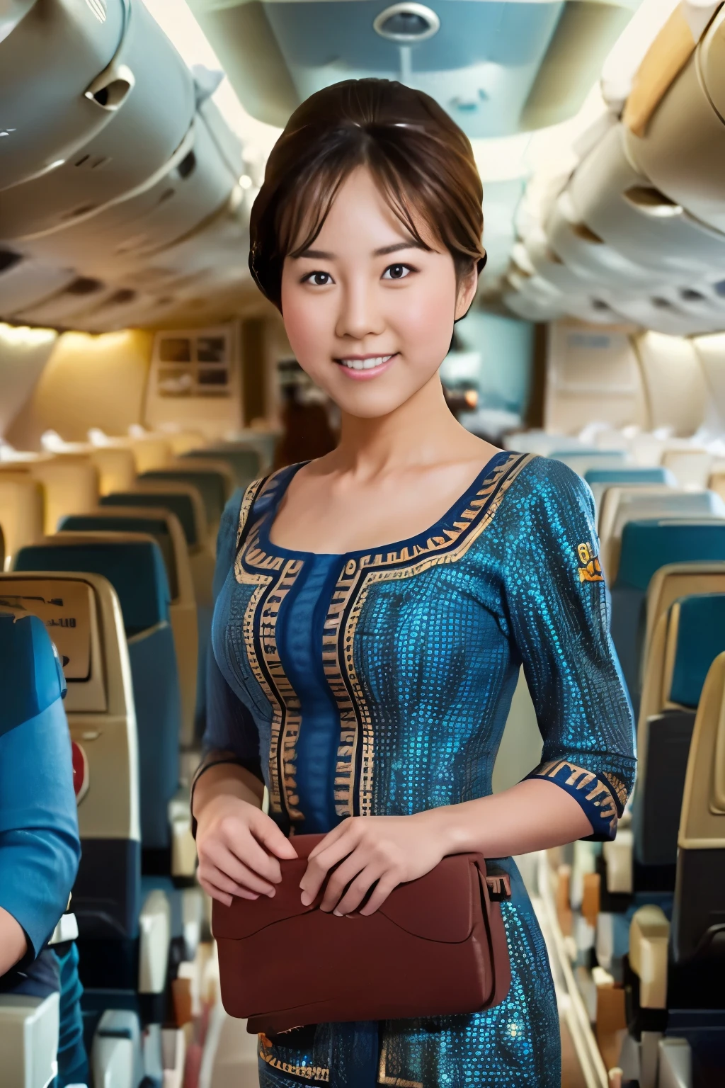 (((squniform, blue dress))), (((JBGND))), Stewardess on boarding duty, inside the plane, wearing a uniform。 Face"JPGND"Send to LoRA on the side