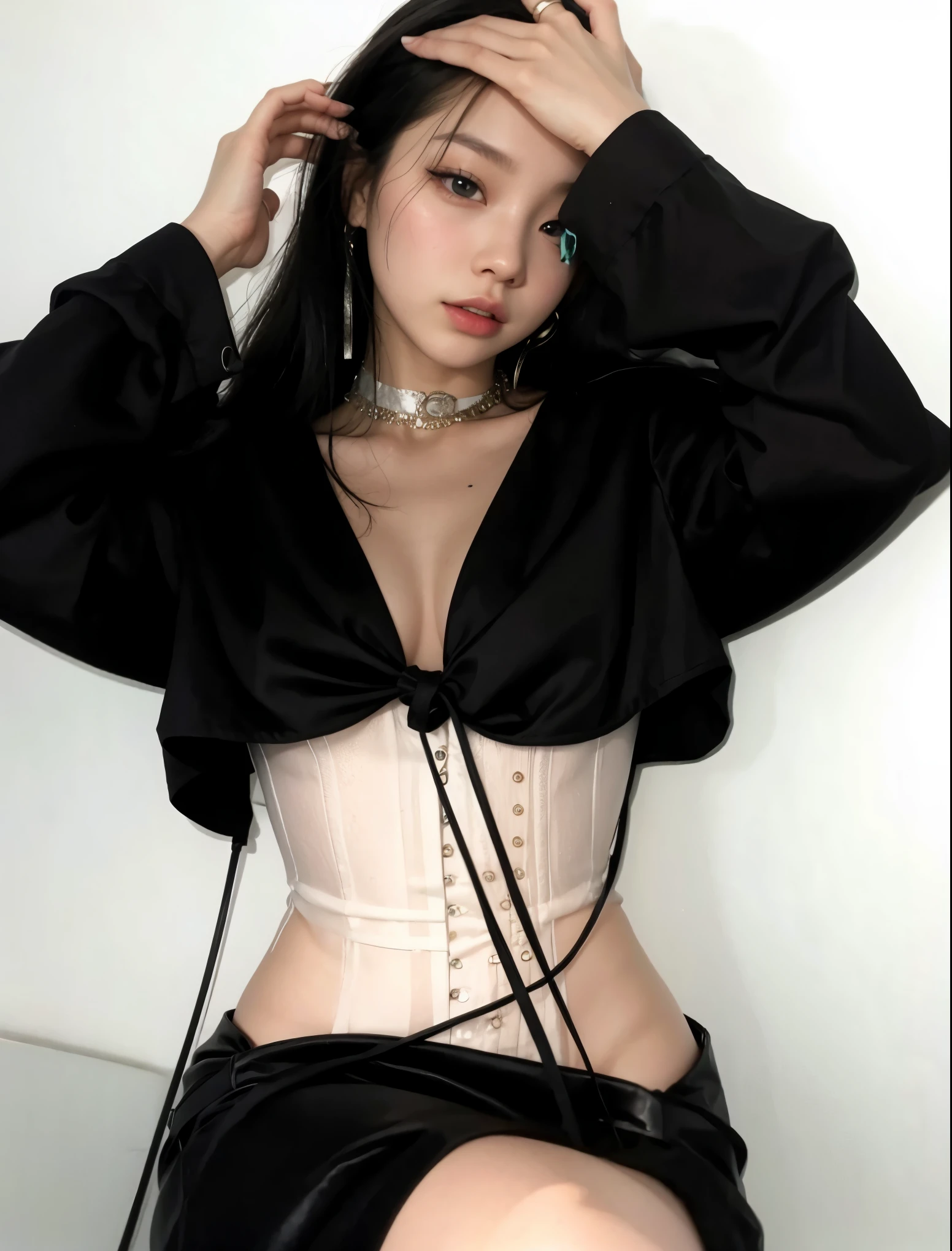 (1girl:1.3), solo, __body-parts__, Kim Ji-ni Jennie face, black background, photography, high contrast, high resolution, HD face shape, full body photo, front face, pink hair, world-weary face, high cold expression, white sweater, white shorts, cleavage, fair skin, 16k