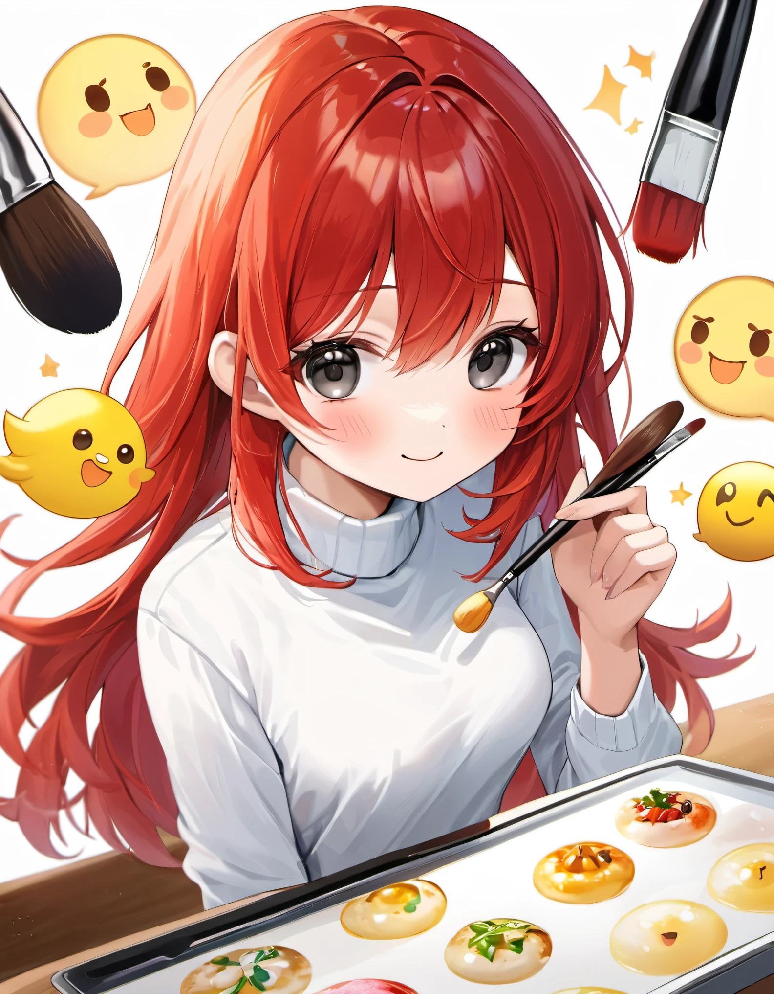 (best quality, masterpiece:1.2), ultra-detailed, realistic:1.37, kyrielight mash, solo, 1girl, beautiful detailed eyes, beautiful detailed lips, long eyelashes, black eyes, white turtleneck shirt, (chibi:0.6), light red hair, sticker, emoji, cute, white background, ((making food)), illustrative, fine brush strokes, vibrant colors, soft lighting