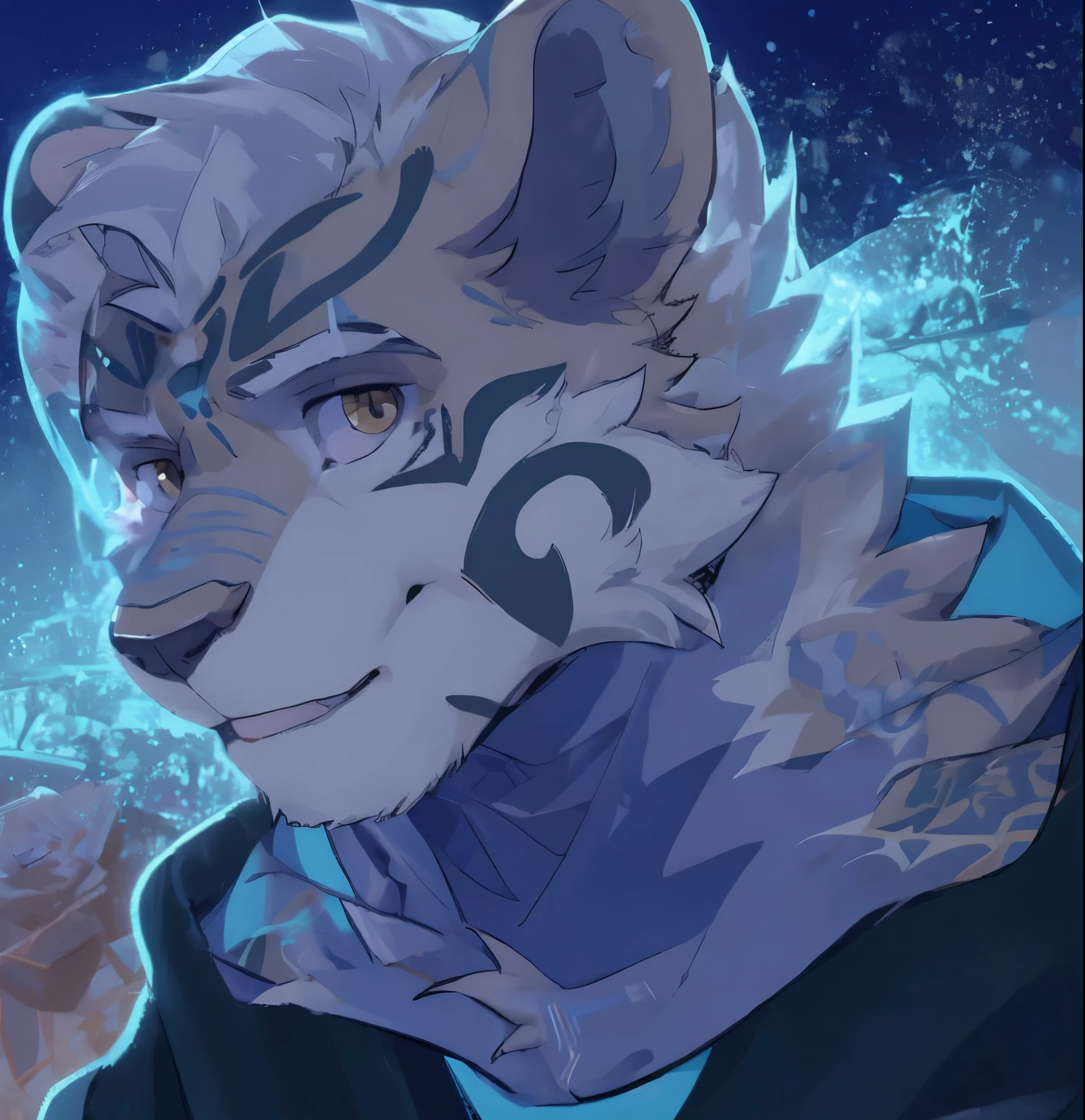 furry,male,avatar,white tiger,white fur,Wear a turtleneck sweatshirt,Furry style,face tattoo
