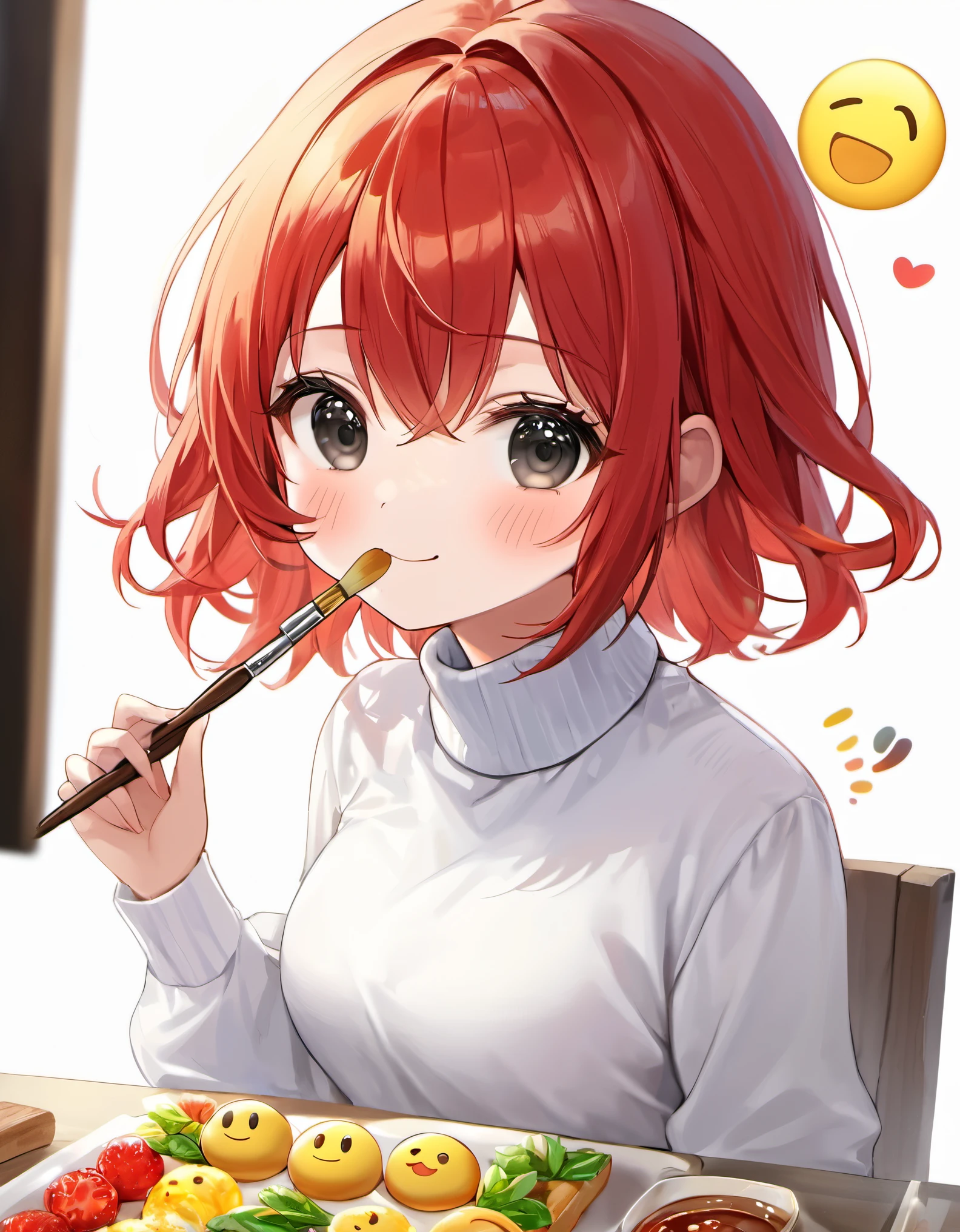 (best quality, masterpiece:1.2), ultra-detailed, realistic:1.37, kyrielight mash, solo, 1girl, beautiful detailed eyes, beautiful detailed lips, long eyelashes, black eyes, white turtleneck shirt, (chibi:0.6), light red hair, sticker, emoji, cute, white background, ((making food)), illustrative, fine brush strokes, vibrant colors, soft lighting