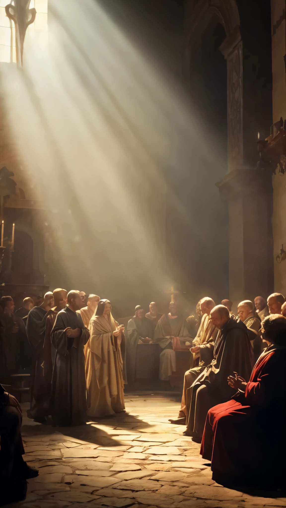 arafed image of a group of people in robes sitting in a church, scene from church, beautiful rembrandt light, highlight scene of the movie, bathed in light, opening scene, dramatic lights spiritual scene, holy light, scene set in a church, bursting with holy light, scene from the film, beautiful and cinematic lighting, kramskoi 4 k, beautiful cinematography