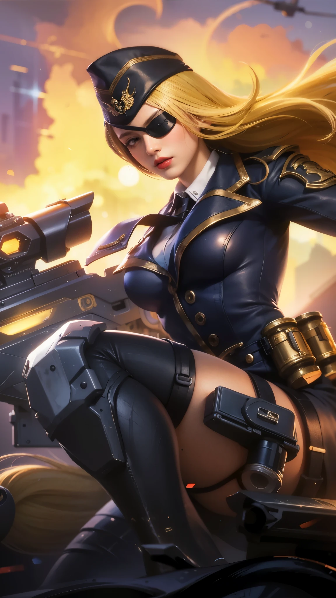 a close up of a woman with a gun in her hand, blonde long hair, red lips glossy, 8k, ultra hd, ultra detailed texture, hyper realistic, masterpiece, detailed texture, detailed face, detailed skin, detailed lighting, (photorealistic:1.5), best quality, beautiful lighting, cinematic lighting, professional lighting, ultra highres, realistic, detailed hair, real hair, high quality, (realskin:1.5), extremely detailed, finely detail, ultra-detailed, braids, eye patch, left eyepatch,