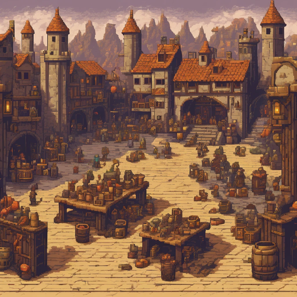 Pixel Art, Pixel art scene of a bustling medieval market, vibrant stalls, lively characters, realistic textures, attention to detail in every pixel, reminiscent of classic 16-bit RPG games, taken with a Nikon D3, Focal length 35mm HD 2D Pixel Art :: Pixel style :: Pixels