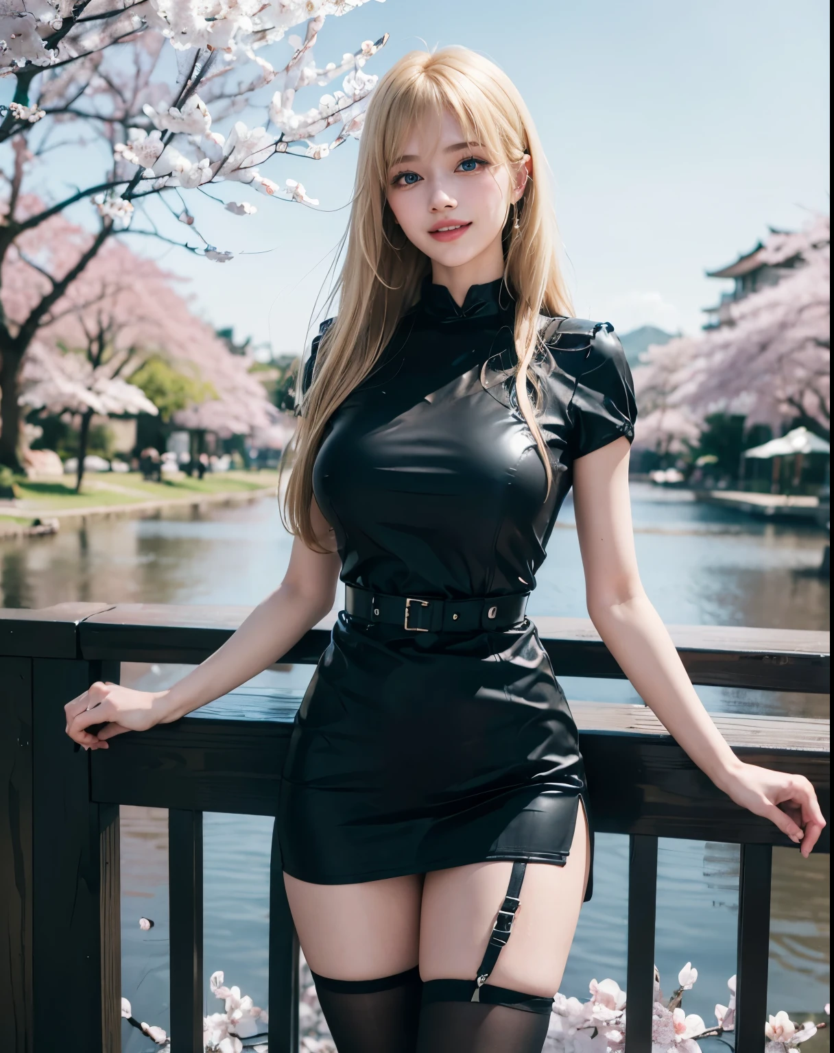 1girl, (Blue Eyes), (smiling :1.2), (Sana Minatozaki), (beautiful makeup :1.2), wide hips, Big tits, big ass, (Best Quality, 8k, Masterpiece: 1.3), Clear Focus: 1.2, Perfect Body Beauty: 1.4, Highly detailed face and skin texture, detailed eyes, double eyelids, (blond long hair whit bangs :1.2), (black short cotton dress :1.3), belt, high stocking, standing, dynamic pose, in a park with sakura trees, sakura flower falling