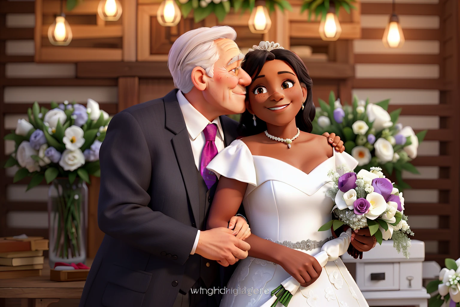 Create an elderly couple at their wedding with the white husband kissing his black wife with her holding a bouquet of flowers while she is smiling