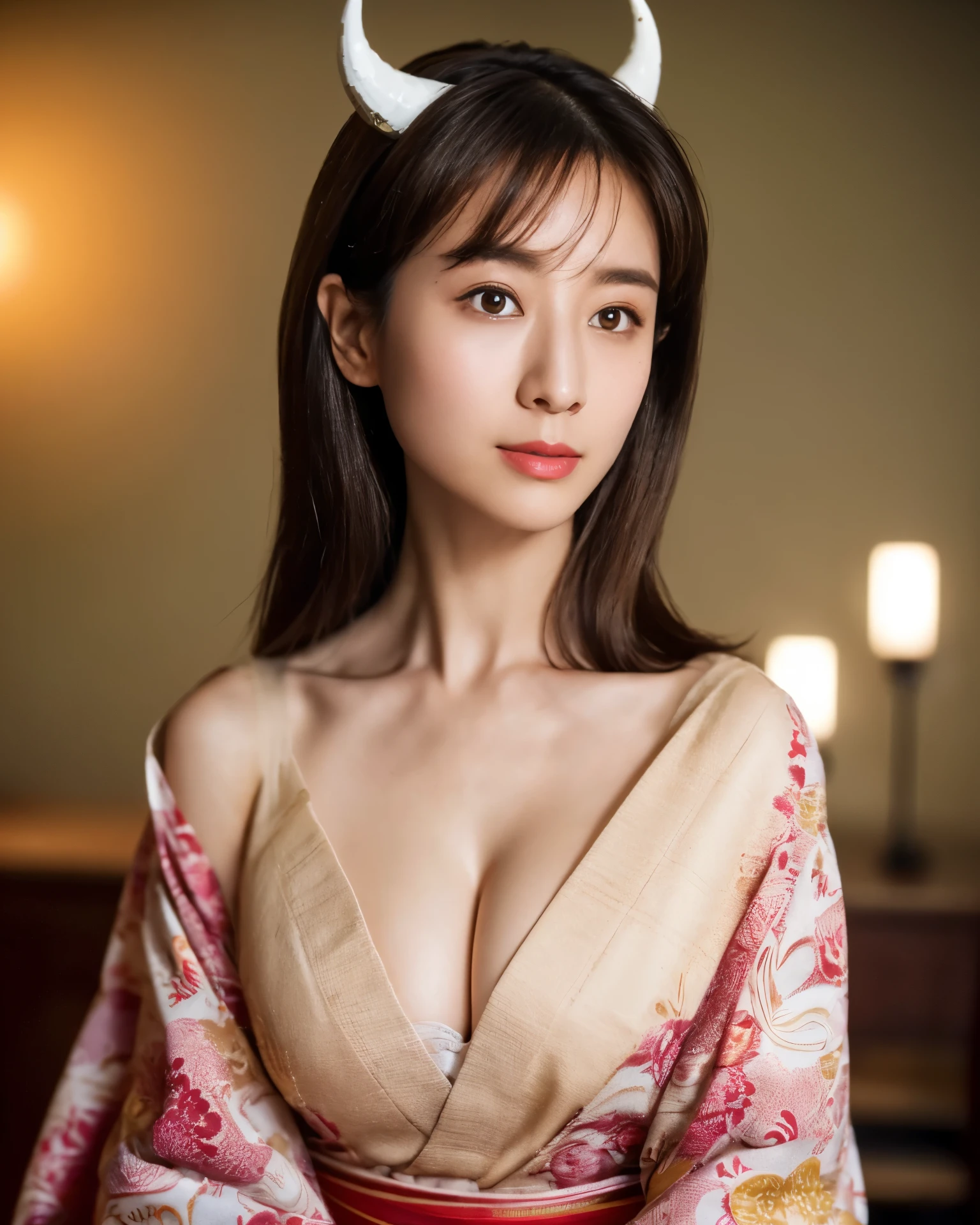 (1.woman, alone),8k, ((table top)),(((highest quality))),((super detailed)),((((realistic)))), Photoreal:1.37, (超realistic), (enlightenment), (High resolution), (very detailed), (The best enlightenmentns), (super detailed), (detailed face), (beautiful expression), ((詳細 highest qualityのスキン:1.2)), ((skin moisturizing)), ((reddish blush)), (small face, Accurate head and body adjustment:1.5), (非常にdetailed background, detailed background), ((Cinematic light quality backlight)), full body photo, 日本人woman, Bright colors, studio lighting, long eyelashes, eye shadow, bright red lipstick, Natural light pouring in through the large windows, ((Beautiful sexy)), Wearing a white kimono with an open collar、((Two white demon horns on the head))、Dumpled hair tied back using a hair ornament、gorgeous detailed eyes、Sexy puffy lips、breathtaking beauty、perfect skin、huge cleavage、perfectly sculpted body、long thin legs、Plump round buttocks、slim waist、perfect hands、detailed finger、perfect feet、Smooth, shiny hair that flows with your movements、floodlight stage、見事なstudio lighting、soft warm colors、enchanting atmosphere、Calm and grace、a fascinating presence、Artistic subtleties、A little suggestive、((Look at the audience carefully))