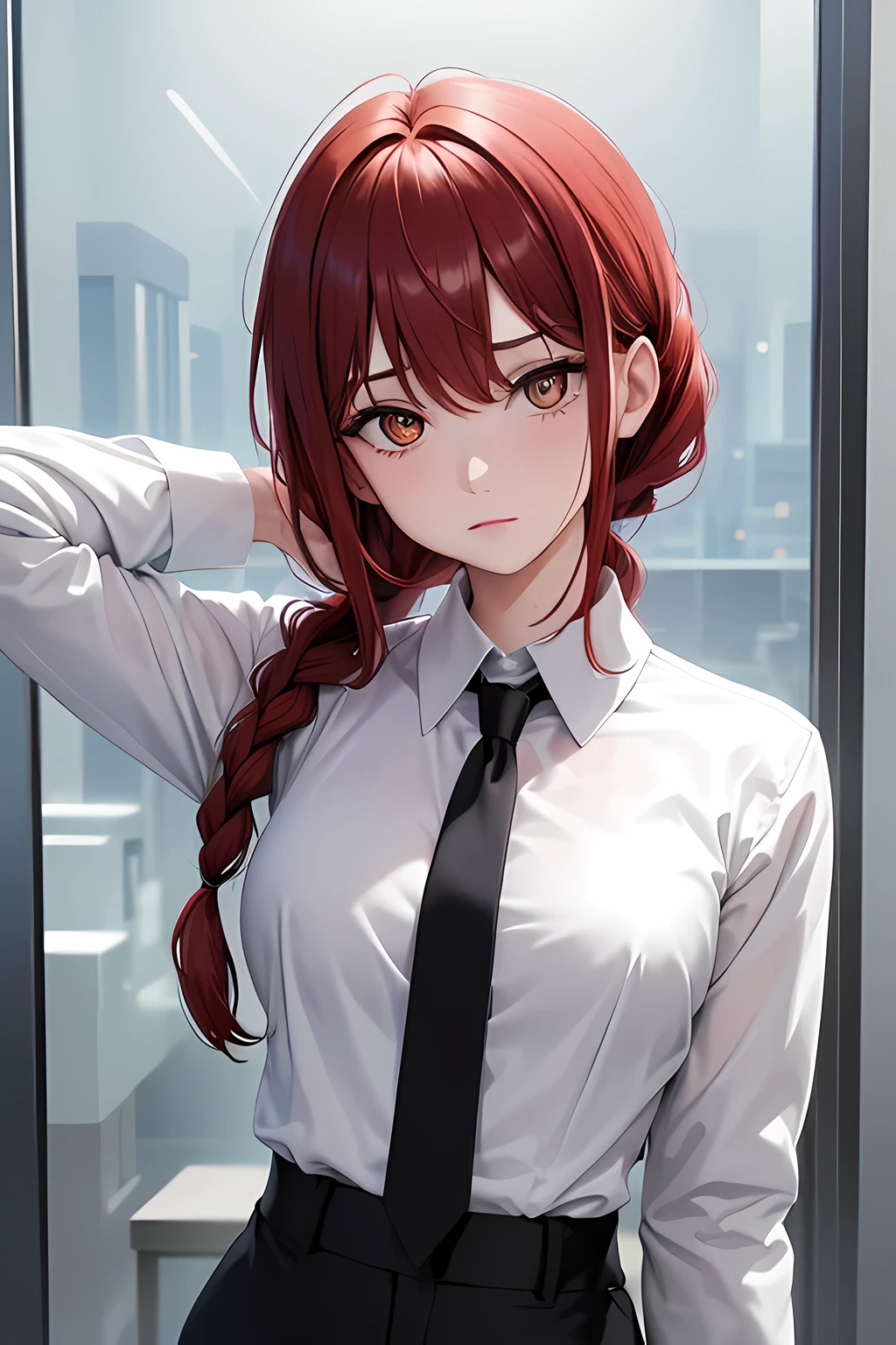 masterpiece, best quality, ultra high res, 1girl, abstract art, visually stunning, dark beautiful, dark emotional, 1girl, aged_up, solo, looking at viewer, makima, ((ringed eyes:1.2)), red hair, braided ponytail, upper-body, arms behind back, emotionless, portrait, dark light, looks at the viewer, arms behind back, upper-body, shirt, long sleeves, white shirt, necktie, collared shirt, pants, black pants, formal, suit, black necktie, shirt tucked in, office lady,