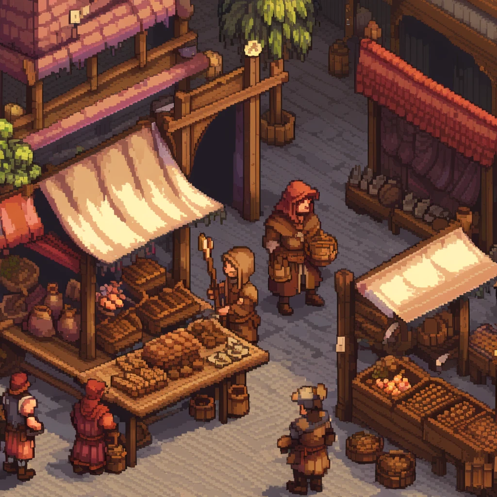 Pixel Art, Pixel art scene of a bustling medieval market, vibrant stalls, lively characters, realistic textures, attention to detail in every pixel, reminiscent of classic 16-bit RPG games, taken with a Nikon D3, Focal length 35mm HD 2D Pixel Art :: Pixel style :: Pixels