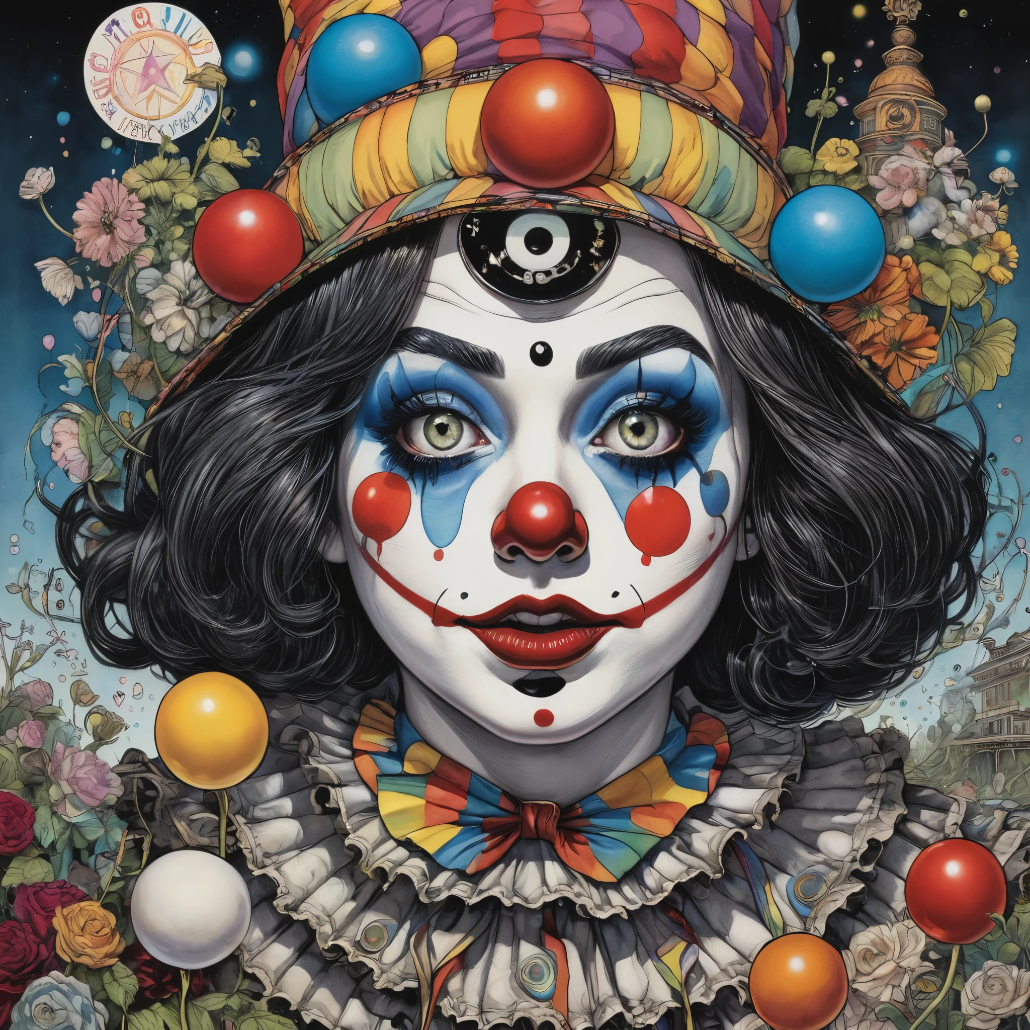 The Wonderful Art of the All-Seeing Eye H.right. jiger, This is Junji, Greg rightutkowski, Wallop,clown makeup,righted rubber nose,White foundation,
details of wednesday adams,rightay Donley's highly detailed Pietin,8K,rightoyal Paitin,dynamic lighting,colored lighting,8K,4K,(high resolution:1.1),best quality;