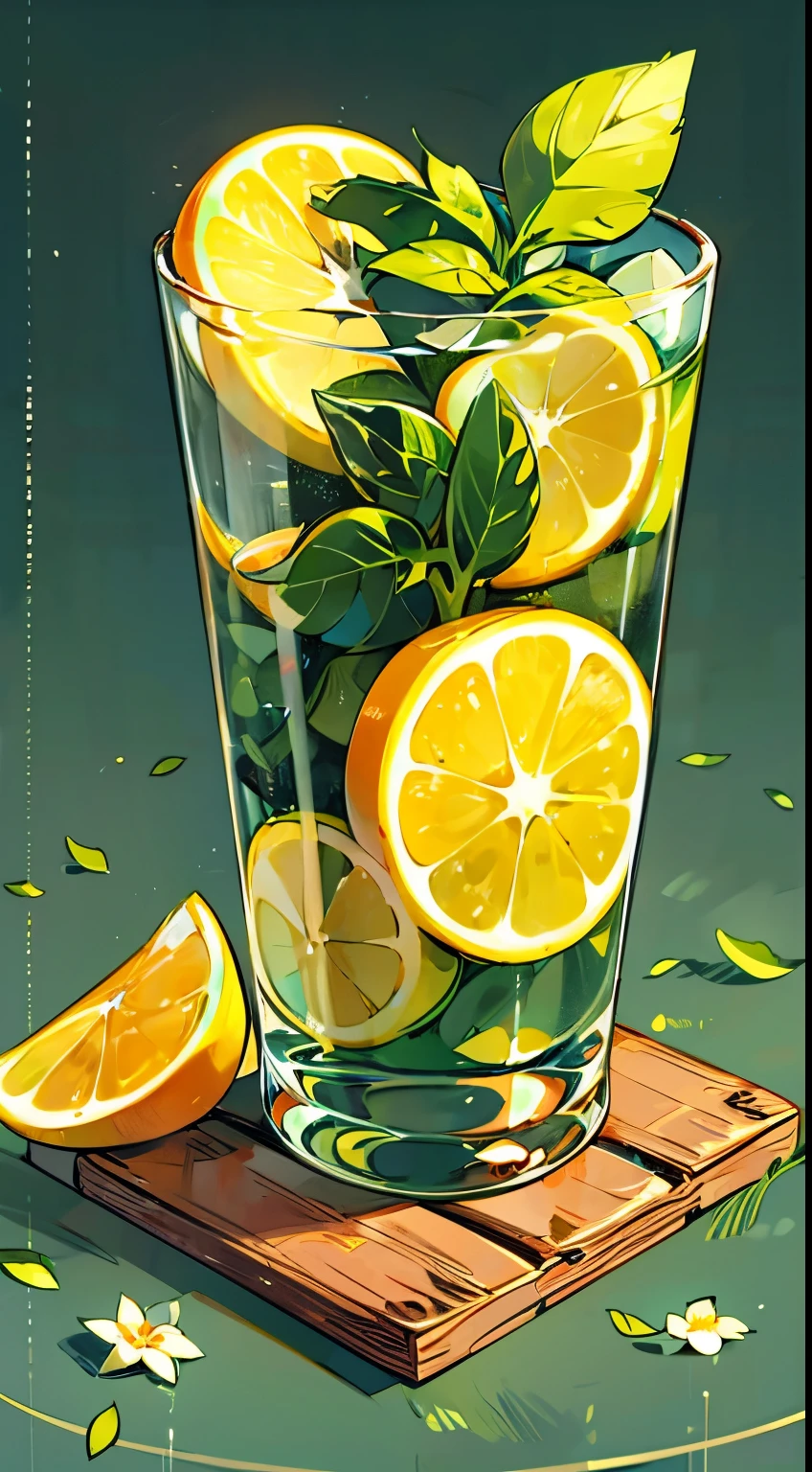 Isometric, Mojito, lemon, Pineapple, jelly, Glass, flower, pixel art, Rich details, HD 8K, Place on the square floor ,There are leaves behind,illustration