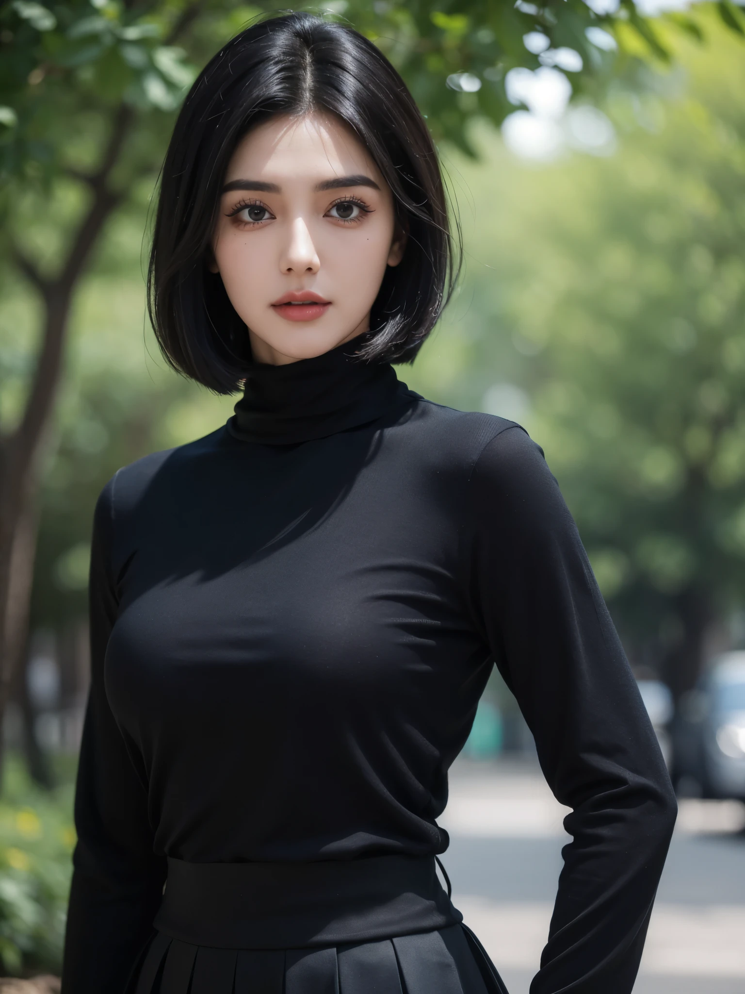 Ultra-HD-details, detailed eyes, black bob hair, upper body, outdoor, nature, skirt, Shirt, black turtleneck, (three-quarter body portrait photo), Golsifteh Farahani, Iranian girl