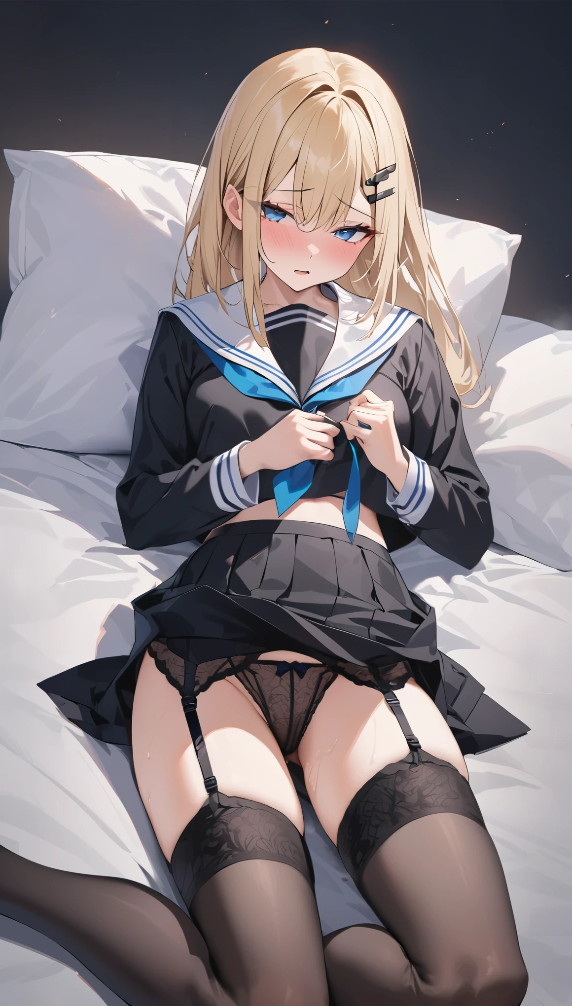 highest quality, expensive_solve, clear_image, Blonde, straight, blue eyes, black long-sleeved sailor suit, garter belt, high socks, black hairpin, masturbation