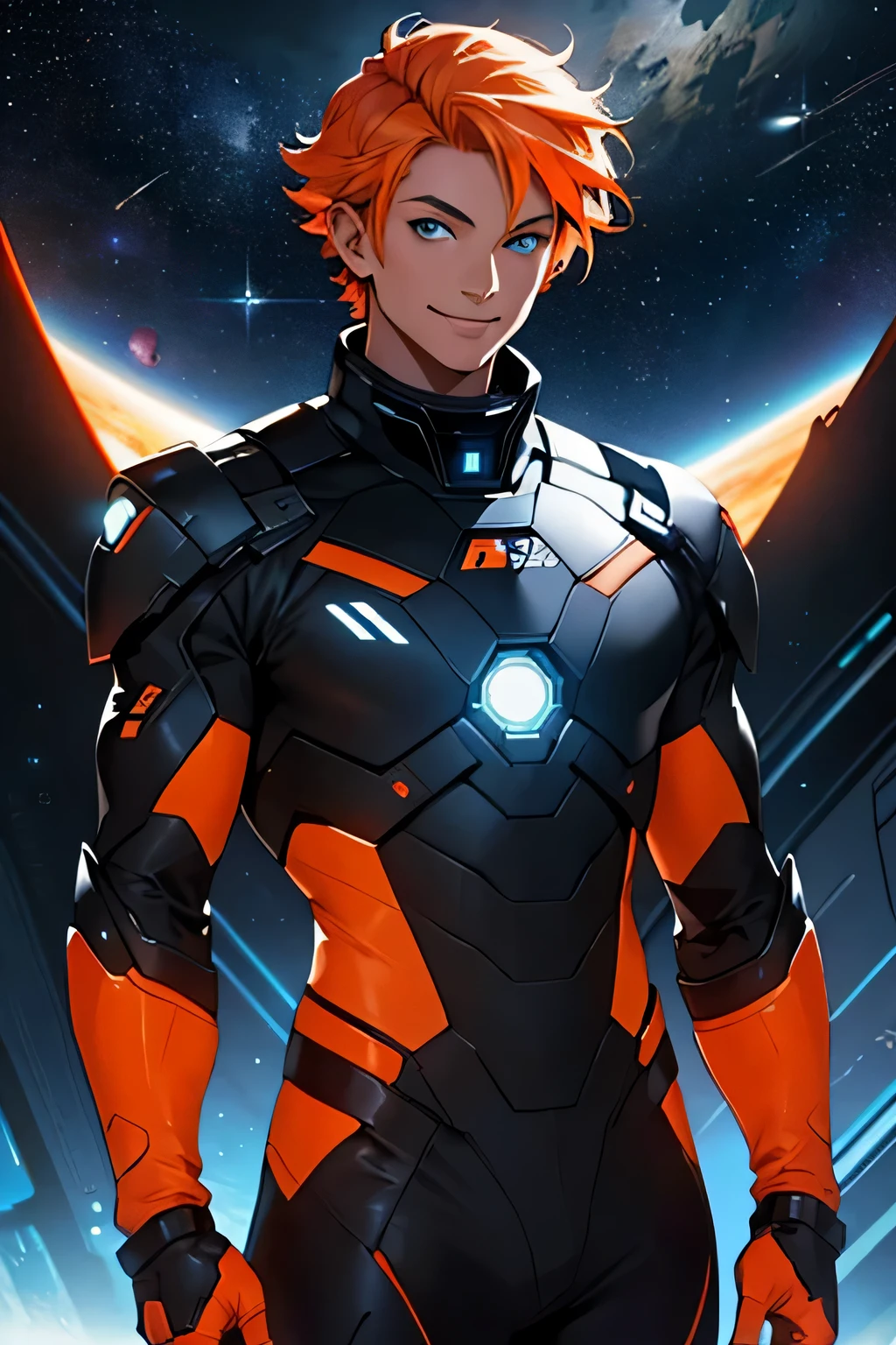 cabelo laranja, cabelo curto, diamante negro no peito, black jewelry on the forehead, pele bronzeada clara, olhos azuis, standing, Sorriso, sozinho, estrelas, space, homem, roupas futuristas, tecnologia futurista