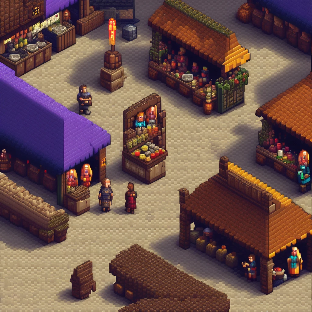 Pixel Art, Pixel art scene of a bustling medieval market, vibrant stalls, lively characters, realistic textures, attention to detail in every pixel, reminiscent of classic 16-bit RPG games, taken with a Nikon D3, Focal length 35mm HD 2D Pixel Art :: Pixel style :: Pixels