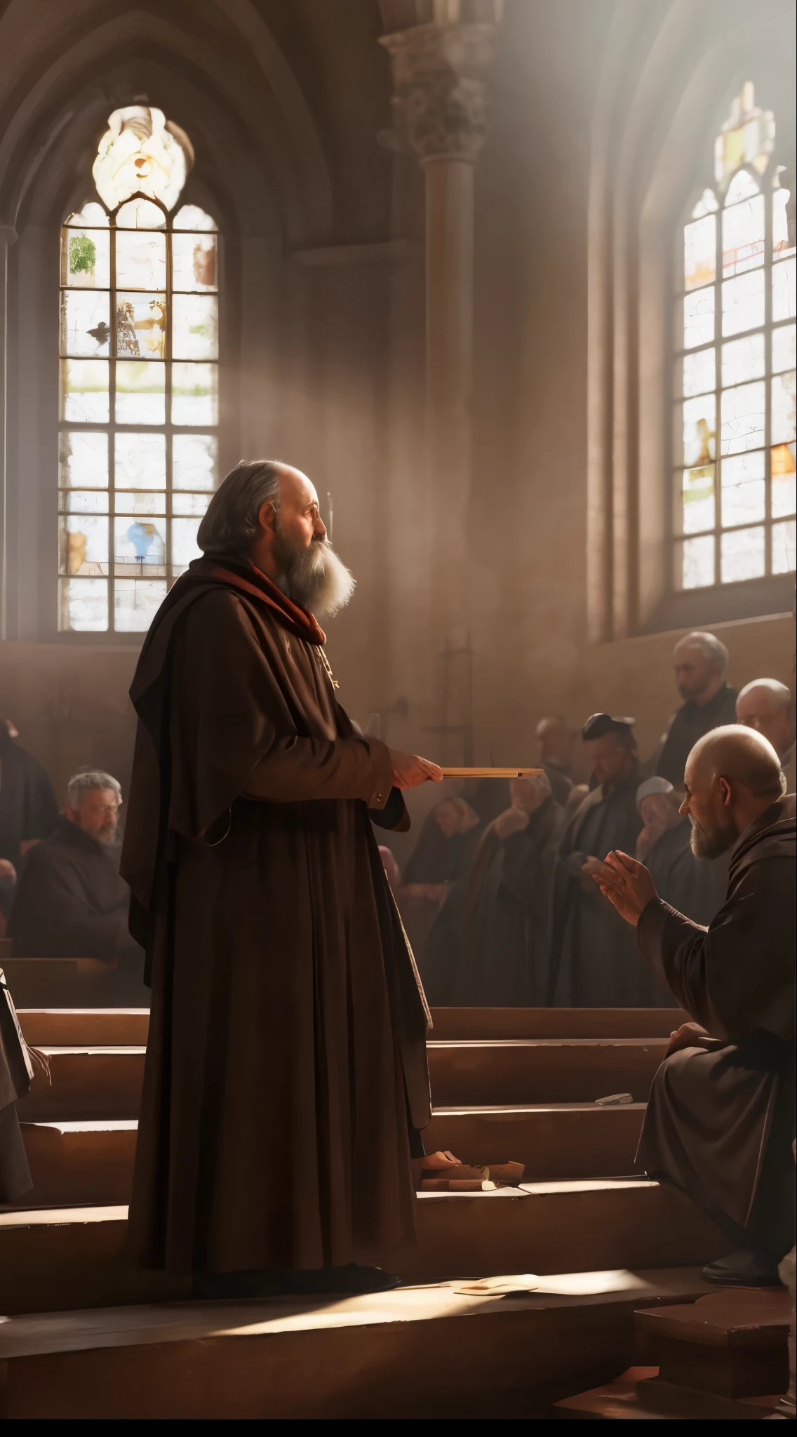 arafed image of a priest standing in a church with a priest kneeling down, by Eglon van der Neer, by Ludwik Konarzewski, renaissance digital painting, concept art of a monk, by Ludwik Konarzewski Jr, wearing brown robes, inspired by Zacharias Martin Aagaard