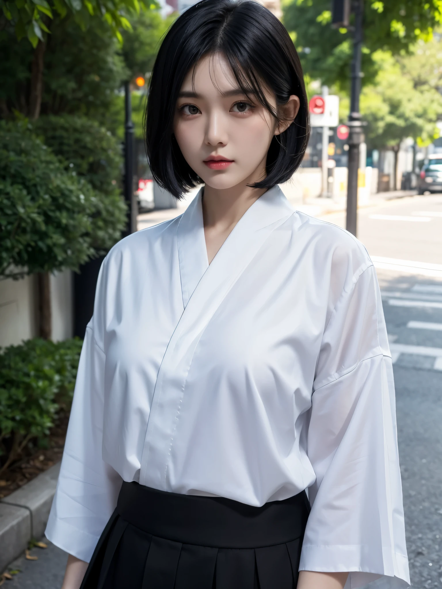 Ultra-HD-details, detailed eyes, black bob hair, upper body, outdoor, nature, skirt, Shirt, black modern hakama, (three-quarter body portrait photo), casual street wear