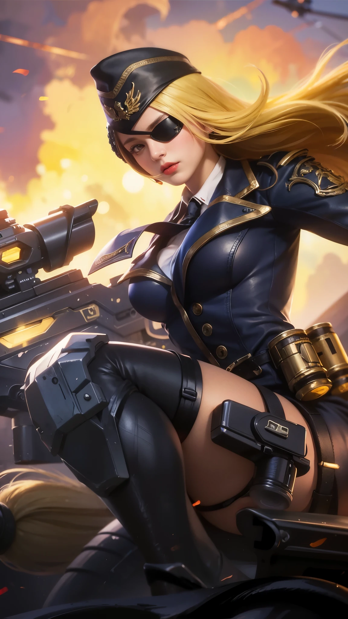 a close up of a woman with a gun in her hand, blonde long hair, red lips glossy, 8k, ultra hd, ultra detailed texture, hyper realistic, masterpiece, detailed texture, detailed face, detailed skin, detailed lighting, (photorealistic:1.5), best quality, beautiful lighting, cinematic lighting, professional lighting, ultra highres, realistic, detailed hair, real hair, high quality, (realskin:1.5), extremely detailed, finely detail, ultra-detailed, braids, eye patch, left eyepatch,