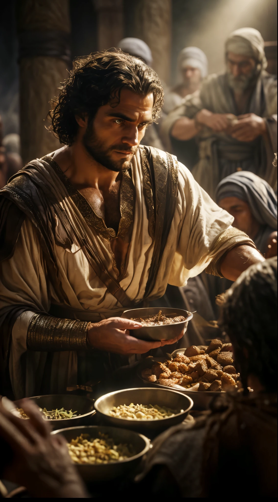 arafed man in a robe serving food to a group of people, biblical epic movie, henry cavill as a greek god, 8 k movie still, is a greek god, movie still 8 k, by Roman Bezpalkiv, graphic artist magali villeneuve, jason momoa as assyrian, handsome man, handsome, movie screen shot