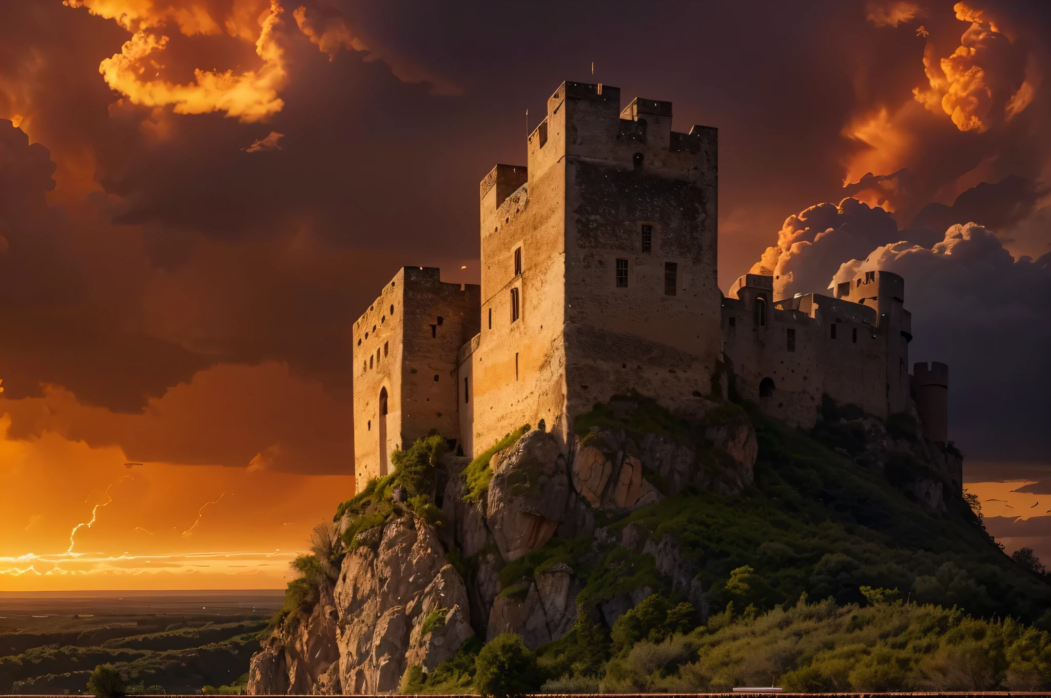 Arafed castle on a hill with a sunset in the background - SeaArt AI