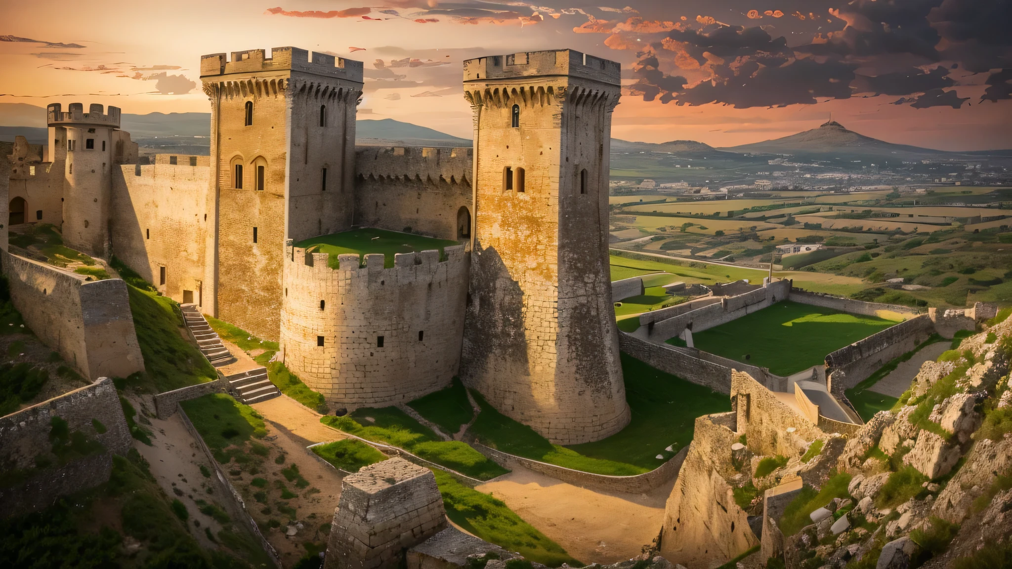 Masterpiece, the formidable Krak des Chevaliers fortress stands proudly in sunset, circa 1265, overlooking the vast expanse of the El Bukeia plains. Its imposing walls, a testament to the architectural prowess of the Order of the Hospitallers of Saint John, bathe in the fading light, casting long shadows over the land. The fortress, a beacon of strength and hope, resonates with the spirit of the Hospitallers, echoing their commitment to faith, hospitality, and valor, 16K, ultra high res.photorealistic, UHD, RAW