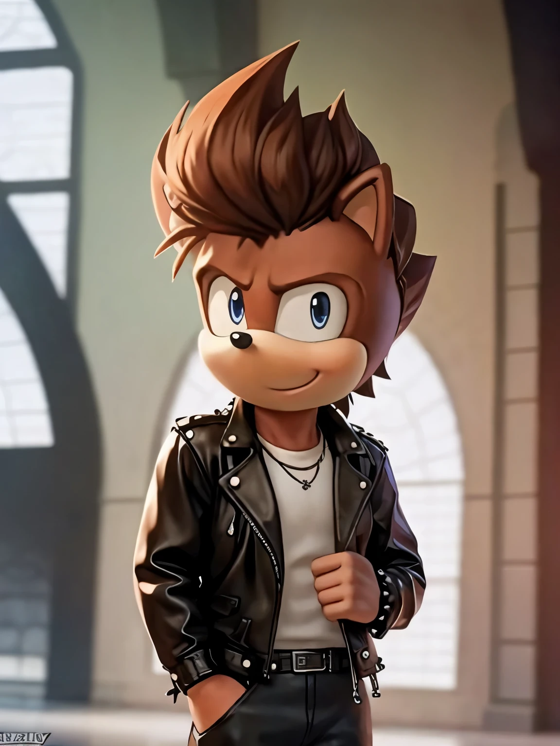 rick astley the hedgehog, wearing leather jacket, punk rock